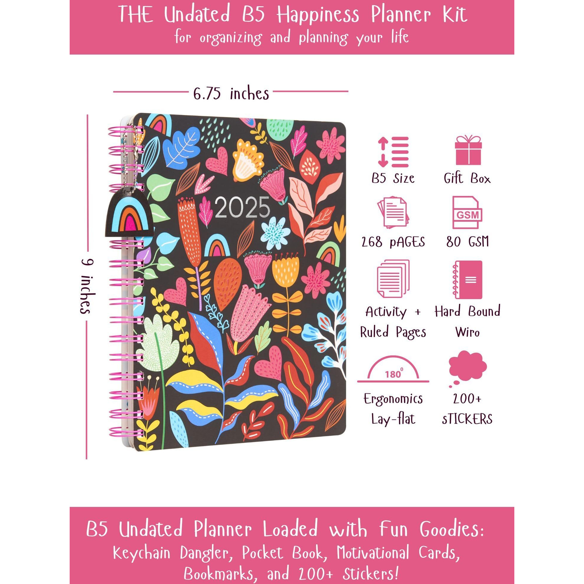 Doodle I The Happiness Planner I B5 Planner + 64 Pages Pocket Planner + 250+ Stickers and Free Premium Gift Box | Tear Away Note Cards & Quote Cards | Activity Pages | To do lists I 268 Pages I 80 GSM I Wiro Bound (Bright Garden)