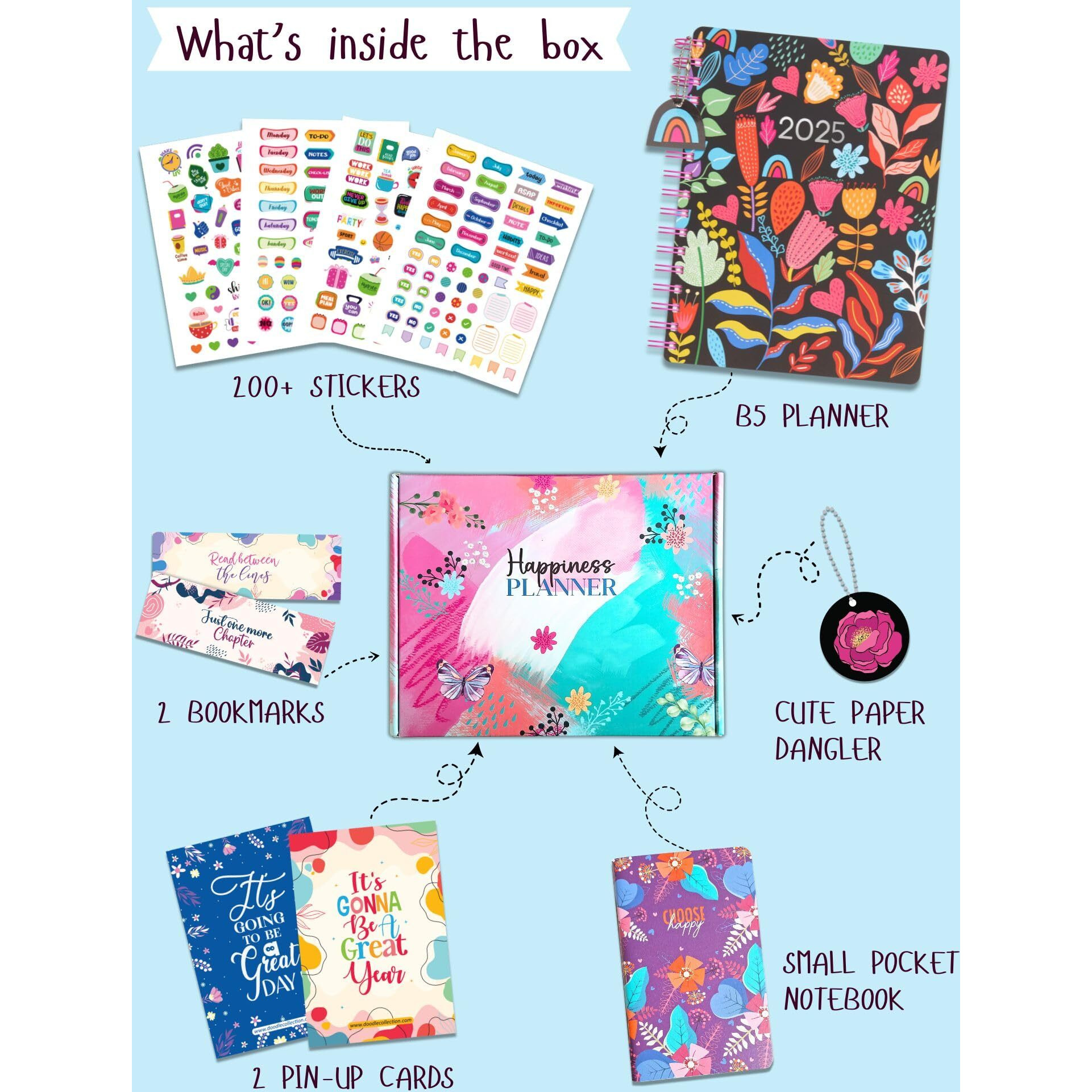 Doodle I The Happiness Planner I B5 Planner + 64 Pages Pocket Planner + 250+ Stickers and Free Premium Gift Box | Tear Away Note Cards & Quote Cards | Activity Pages | To do lists I 268 Pages I 80 GSM I Wiro Bound (Bright Garden)