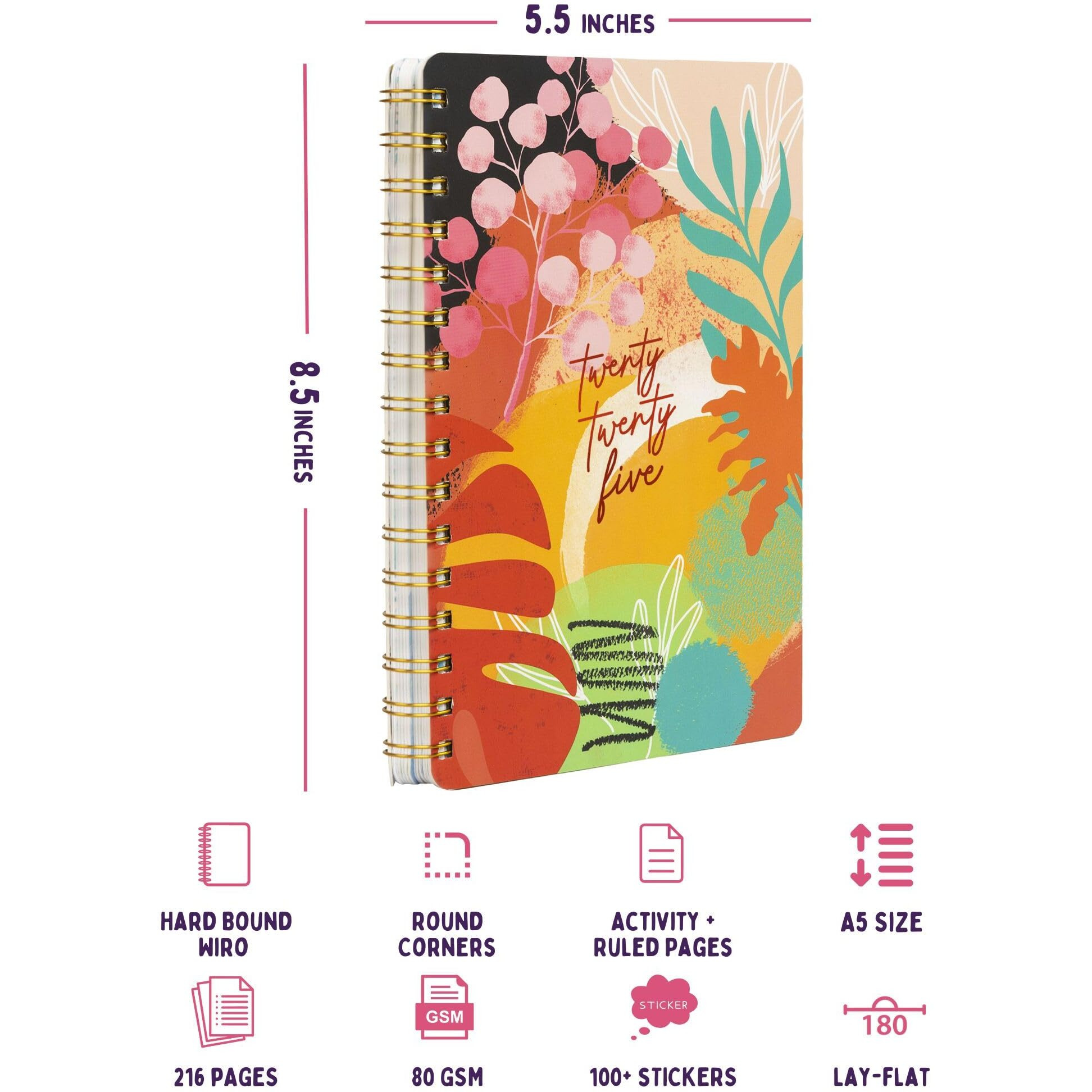 Doodle Wiro Hard Bound A5 Planner with 100+ Stickers | Undated Yearly, Monthly, Daily Planner with 16 Theme Based Activity Pages |16 Tear Away Note Cards & Quote Cards I To Do List | 216 Ruled Pages I 80 GSM (Garden Glory)