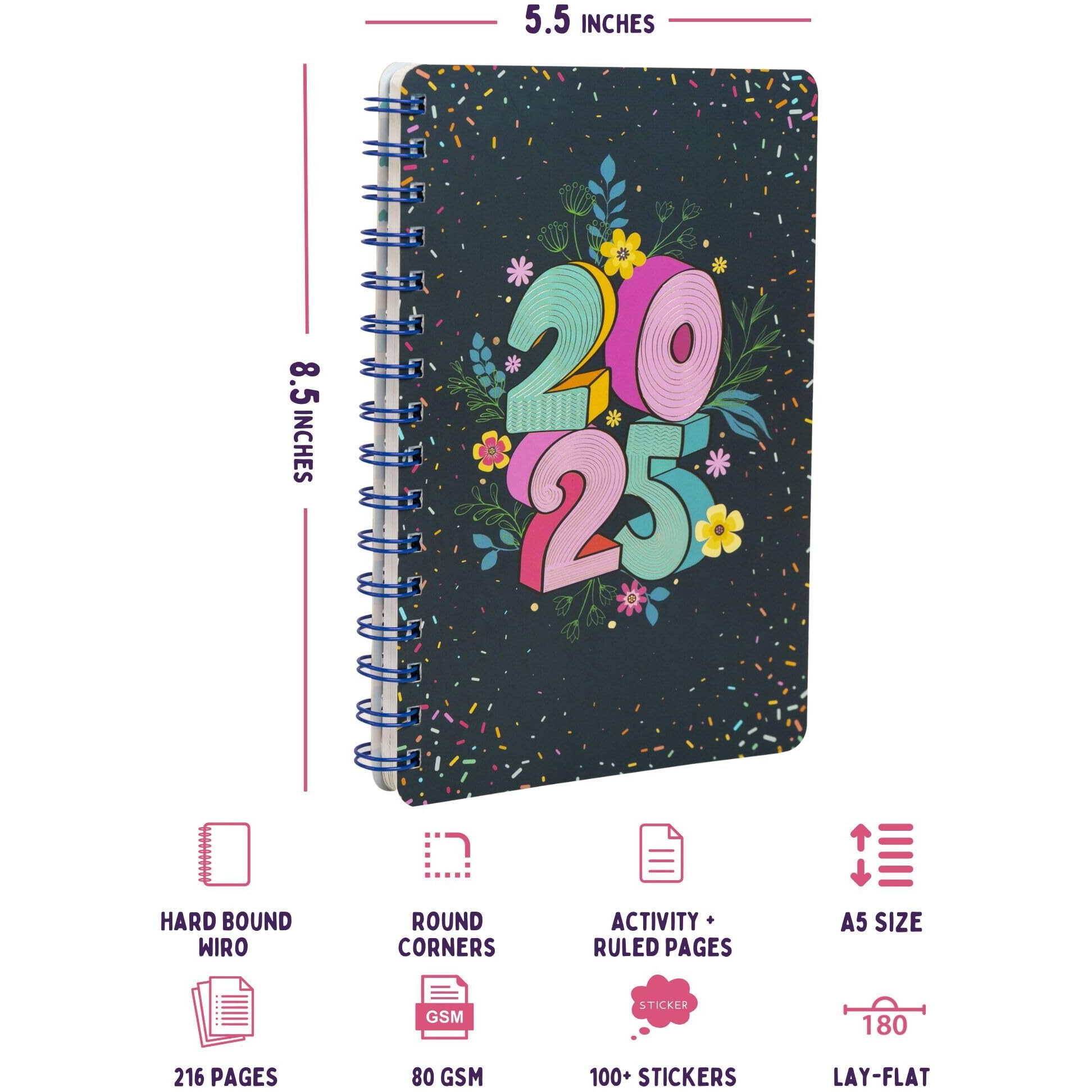 Doodle Wiro Hard Bound A5 Planner with 100+ Stickers | Undated Yearly, Monthly, Daily Planner with 16 Theme Based Activity Pages |16 Tear Away Note Cards & Quote Cards I To Do List | 216 Ruled Pages I 80 GSM (Future Ready)