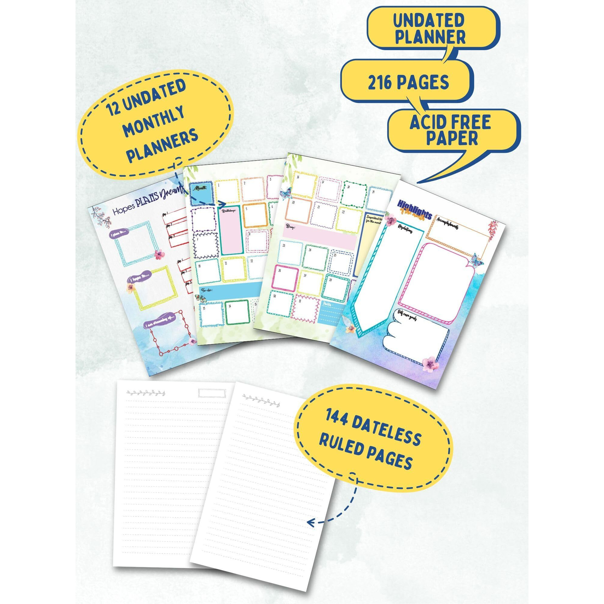 Doodle Wiro Hard Bound A5 Planner with 100+ Stickers | Undated Yearly, Monthly, Daily Planner with 16 Theme Based Activity Pages |16 Tear Away Note Cards & Quote Cards I To Do List | 216 Ruled Pages I 80 GSM (Future Ready)