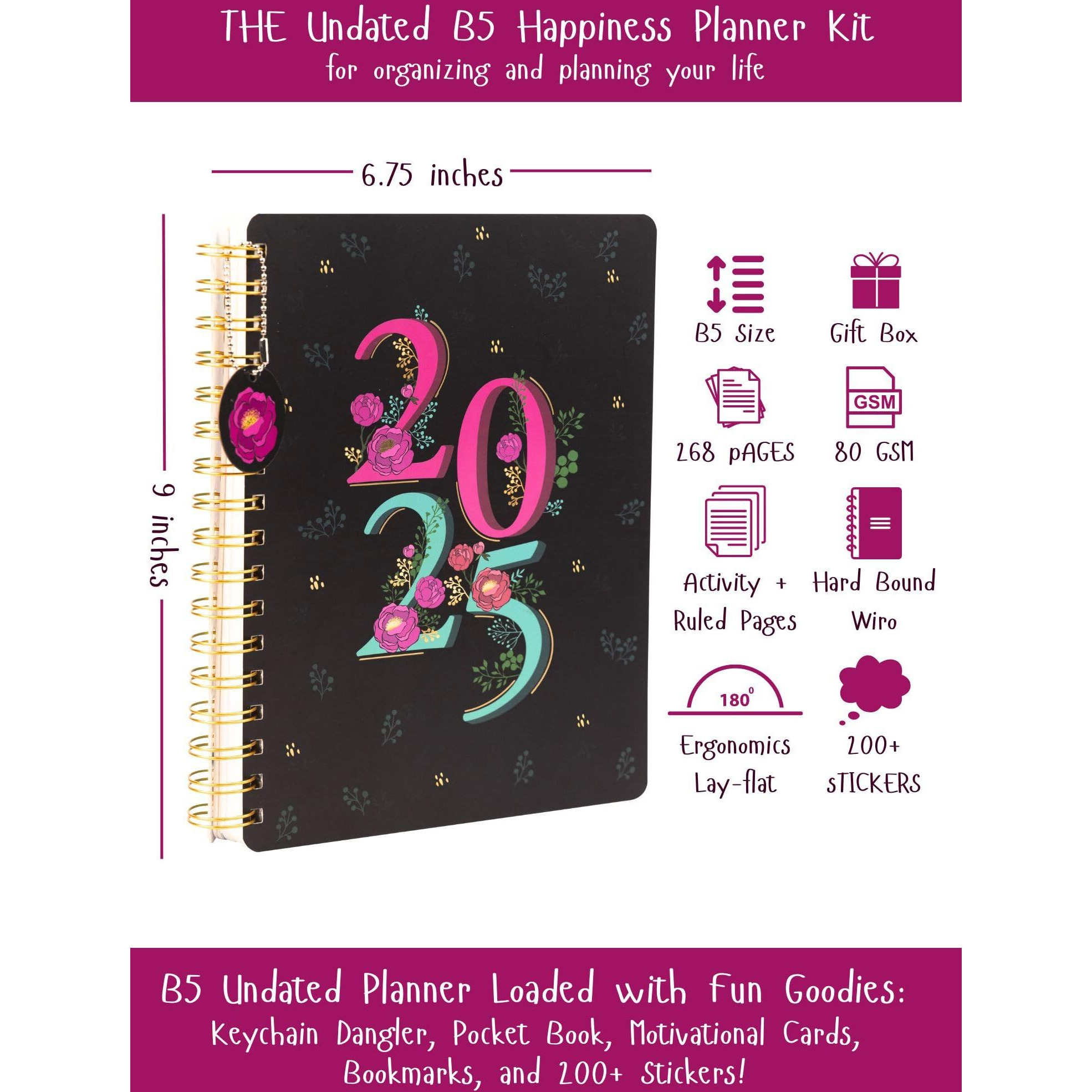 Doodle I The Happiness Planner I B5 Planner + 64 Pages Pocket Planner + 250+ Stickers and Free Premium Gift Box | Tear Away Note Cards & Quote Cards | Activity Pages | To do lists I 268 Pages I 80 GSM I Wiro Bound (2025 Blooms)