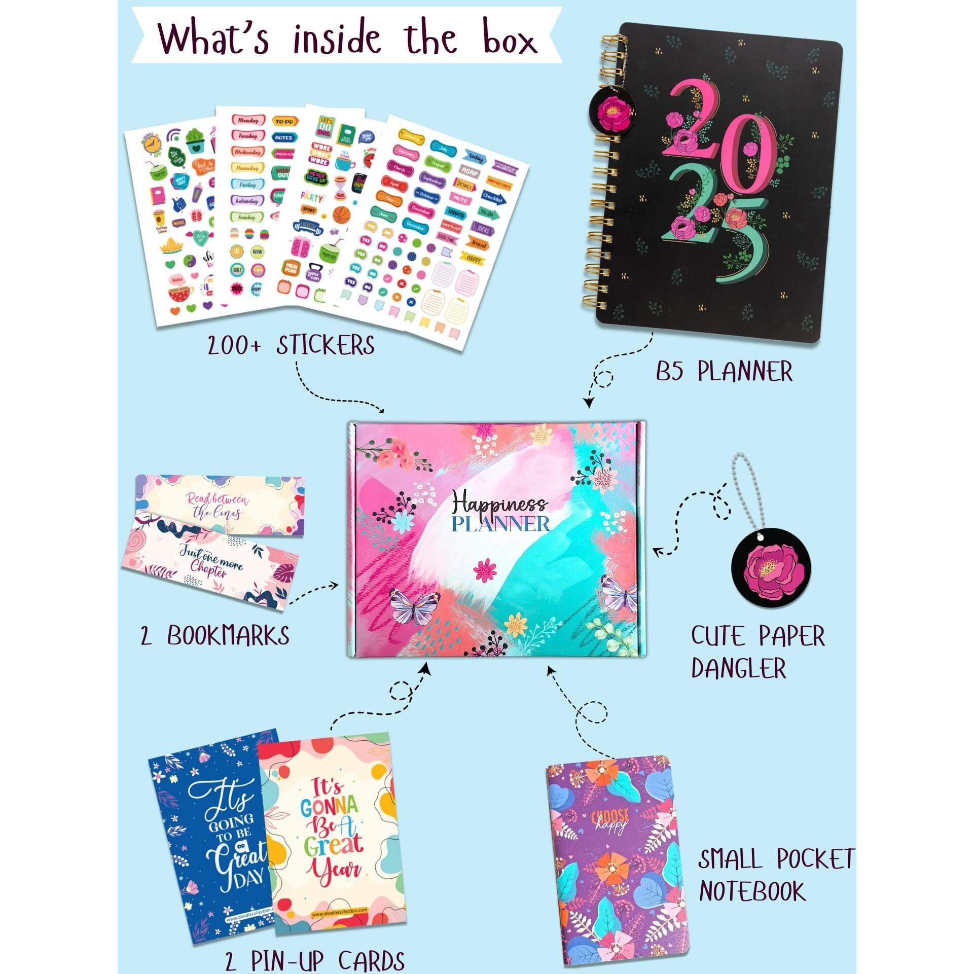 Doodle I The Happiness Planner I B5 Planner + 64 Pages Pocket Planner + 250+ Stickers and Free Premium Gift Box | Tear Away Note Cards & Quote Cards | Activity Pages | To do lists I 268 Pages I 80 GSM I Wiro Bound (2025 Blooms)