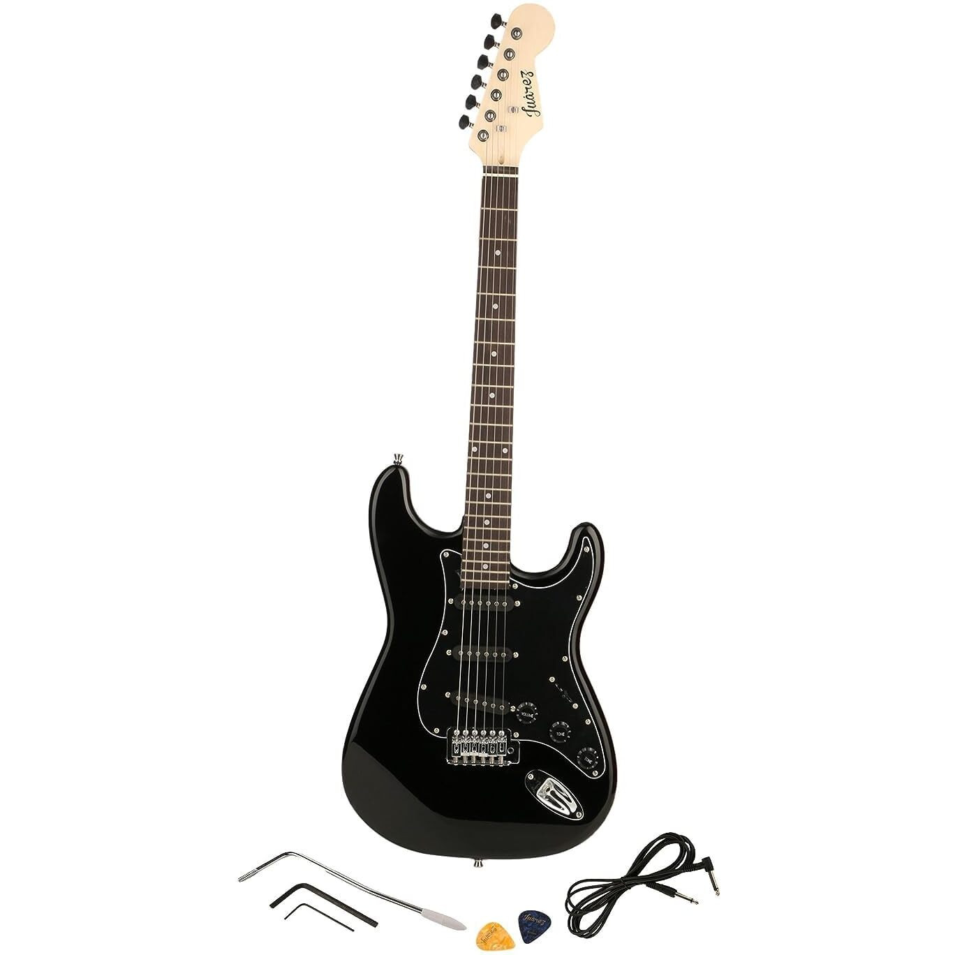 Juarez JRZ-ST01 38 Inches Wood 6-String Electric Guitar, Right Handed, Full Black, With Case/Bag And Picks (Black)