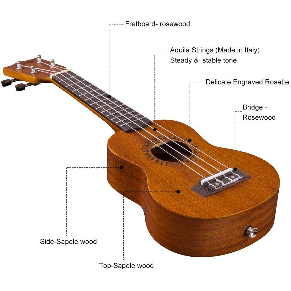 Juarez JRZ21UK 21" Soprano Ukulele Kit, AQUILA Strings, Sapele Body, Rosewood Fingerboard, Matte Finish, with Bag and Picks, Natural