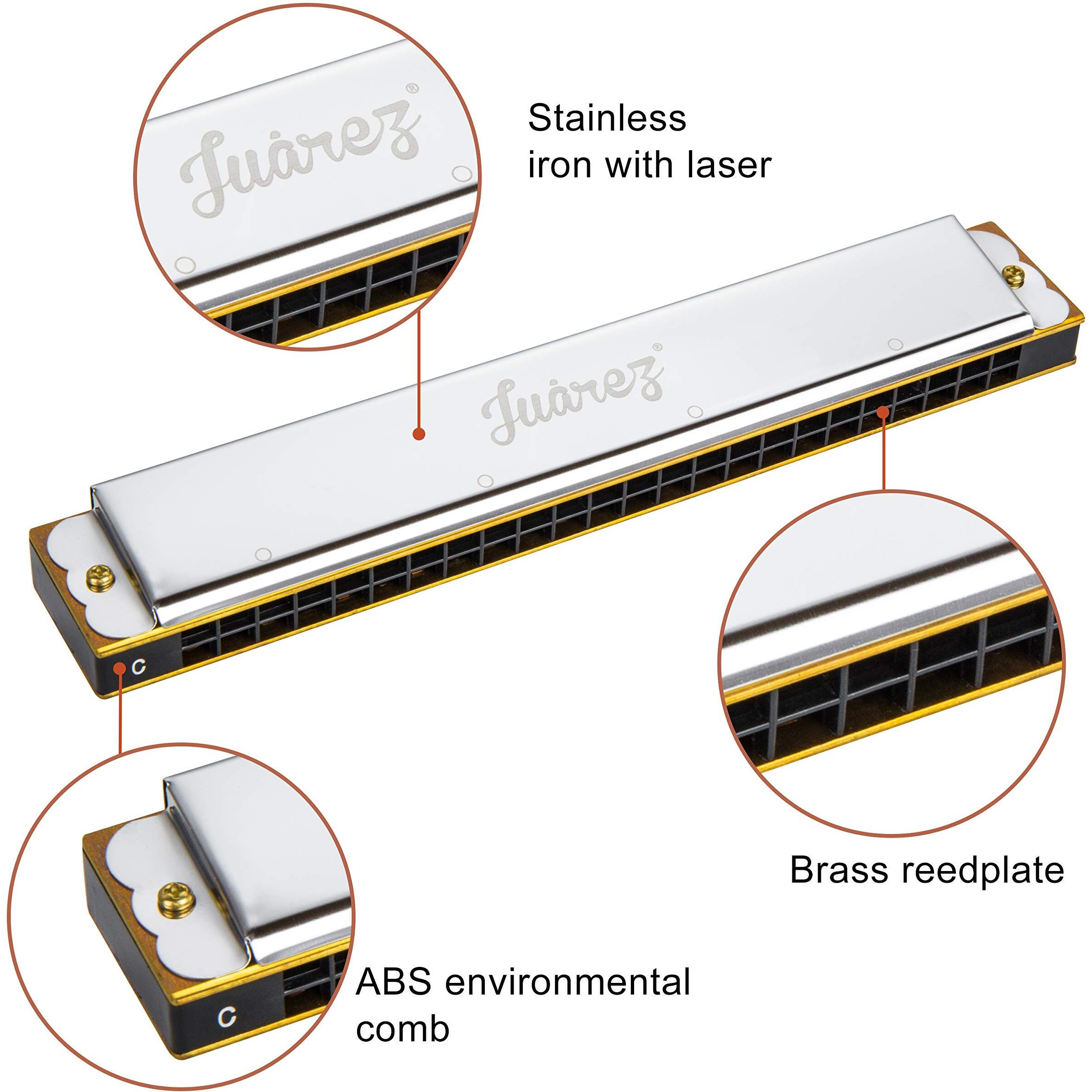 JUAREZ Vinto JRH24SL 24 Holes 48 Tones Professional Tremolo Polyphonic Harmonica Key of C Scale | Mouth Organ | Cover - Stainless Iron | Comb - Abs | Reed  Brass with Cloth & Case