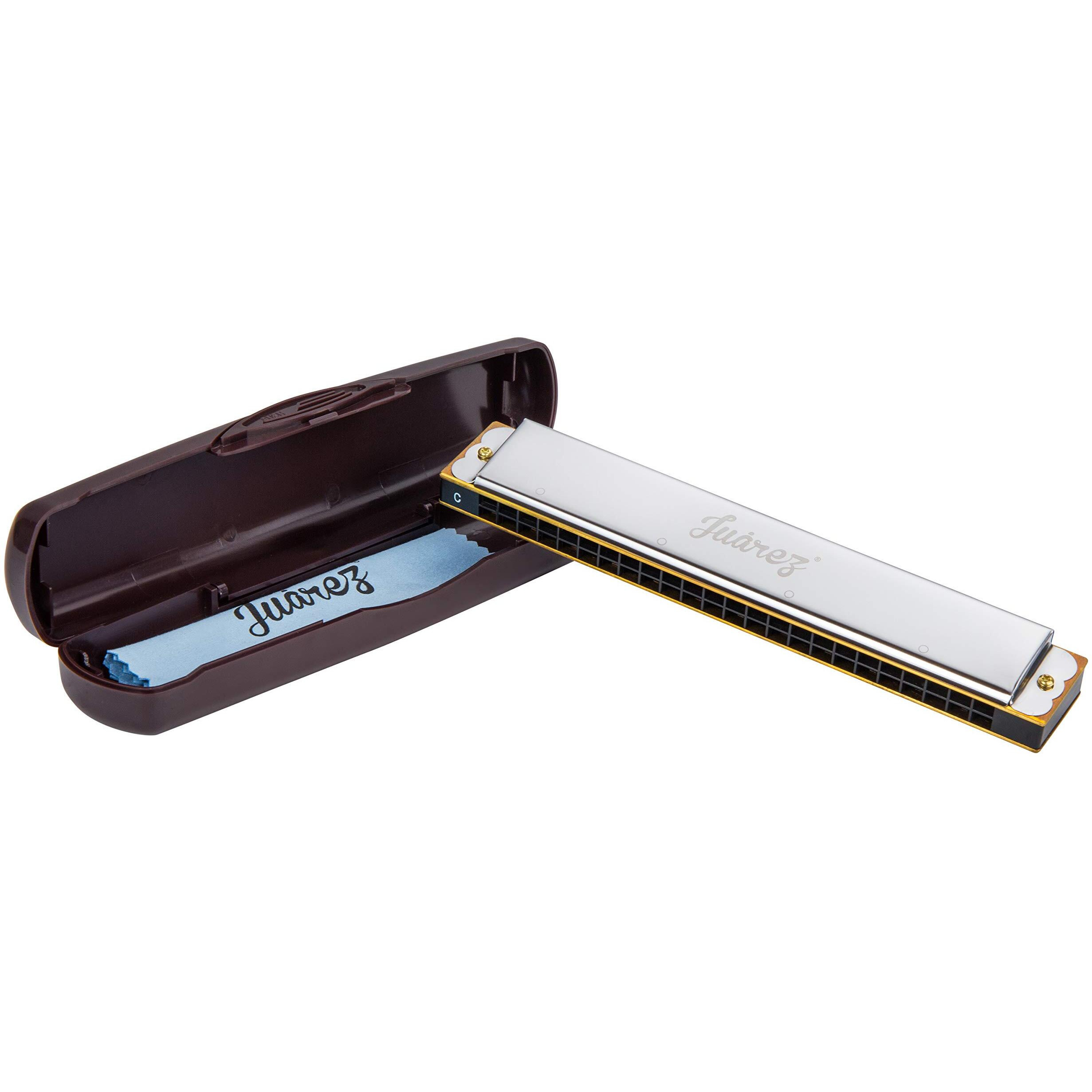JUAREZ Vinto JRH24SL 24 Holes 48 Tones Professional Tremolo Polyphonic Harmonica Key of C Scale | Mouth Organ | Cover - Stainless Iron | Comb - Abs | Reed  Brass with Cloth & Case