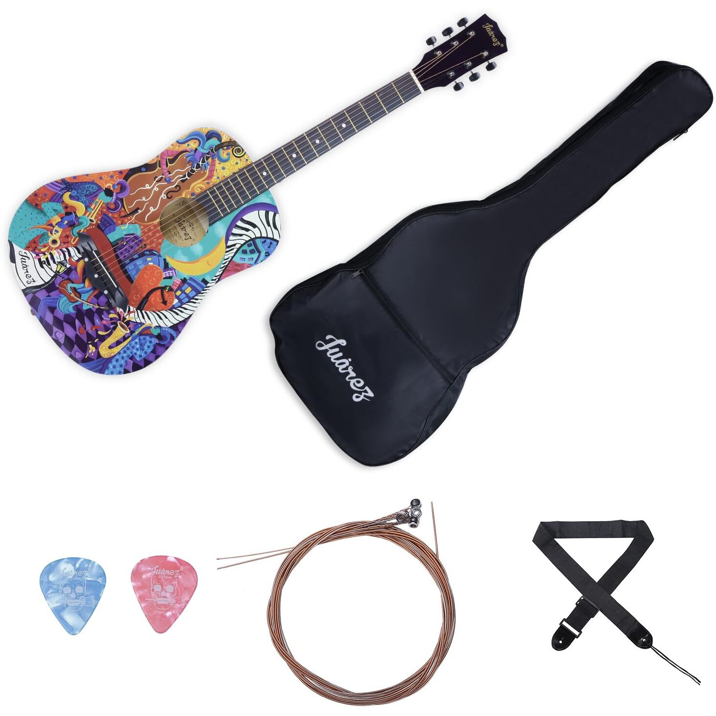 Jurez Acoustic Guitar, 38 Inch Cutaway, 038C with Bag, Strings, Pick and Strap, Black (Acoustic Guitar Kit, FUNKY)