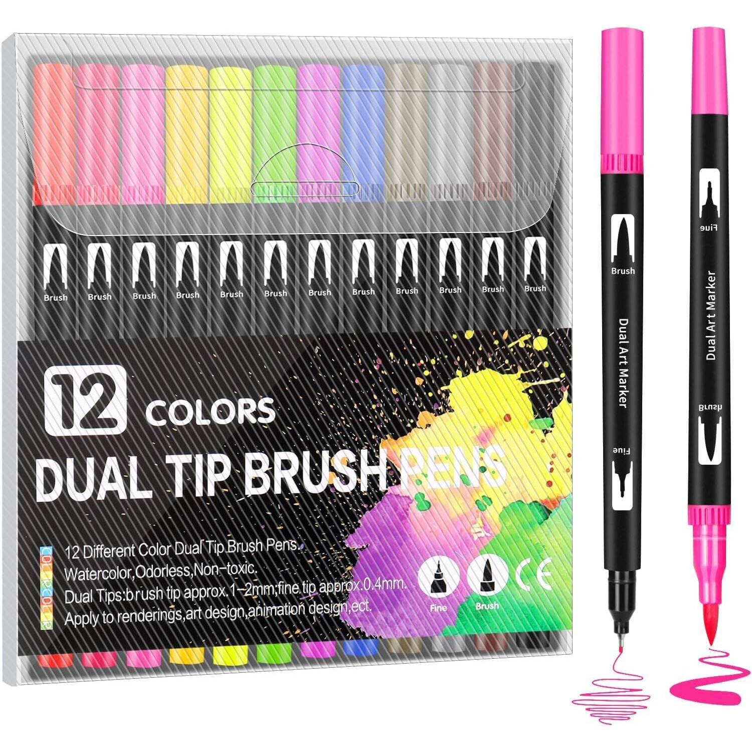 Corslet 12 Pcs Dual Tip Brush Pens Felt Tip Pen Set 12 Colors, Colouring Pens Art Markers for Kids and Adults, Colouring Book, Art Supplies Fineliner Tip Brush Marker for Drawing Sketching