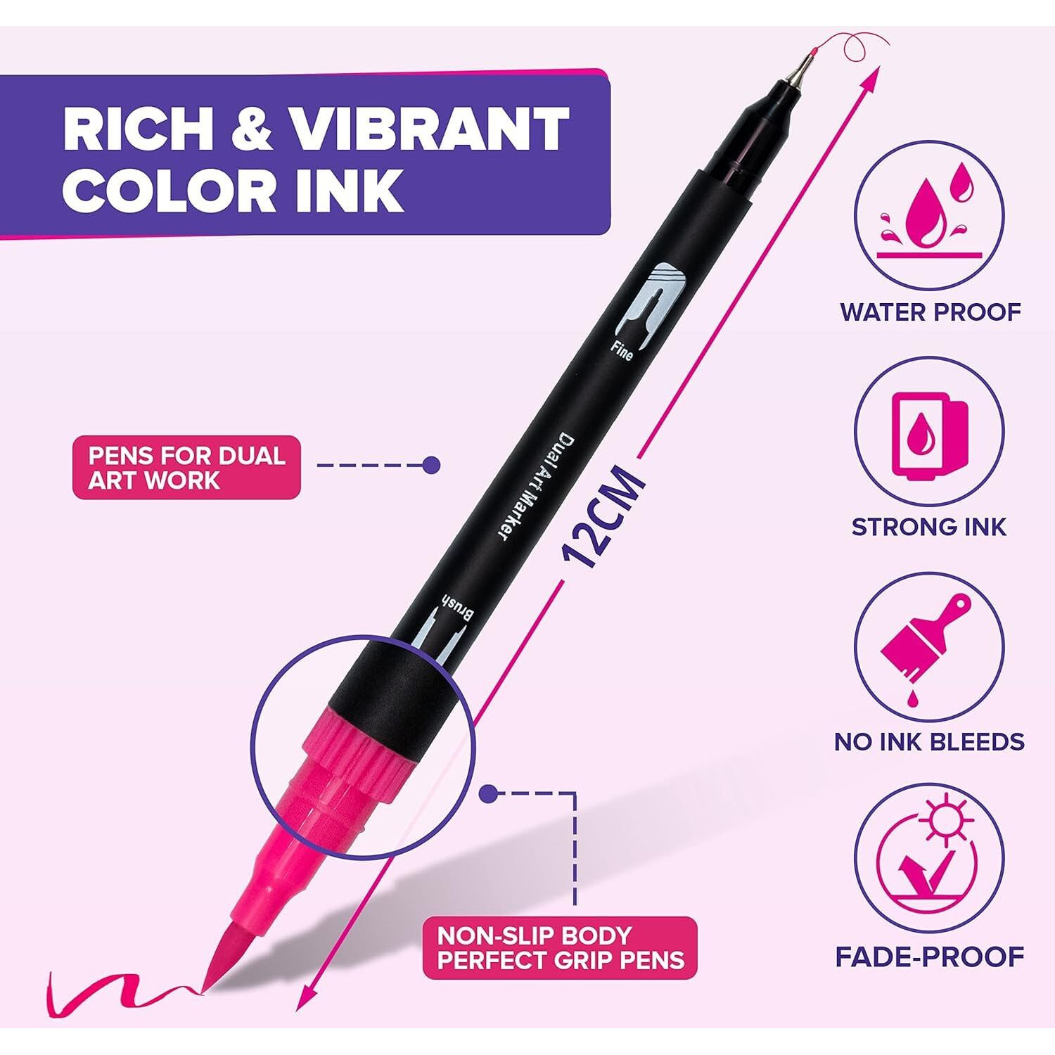 Corslet 12 Pcs Dual Tip Brush Pens Felt Tip Pen Set 12 Colors, Colouring Pens Art Markers for Kids and Adults, Colouring Book, Art Supplies Fineliner Tip Brush Marker for Drawing Sketching