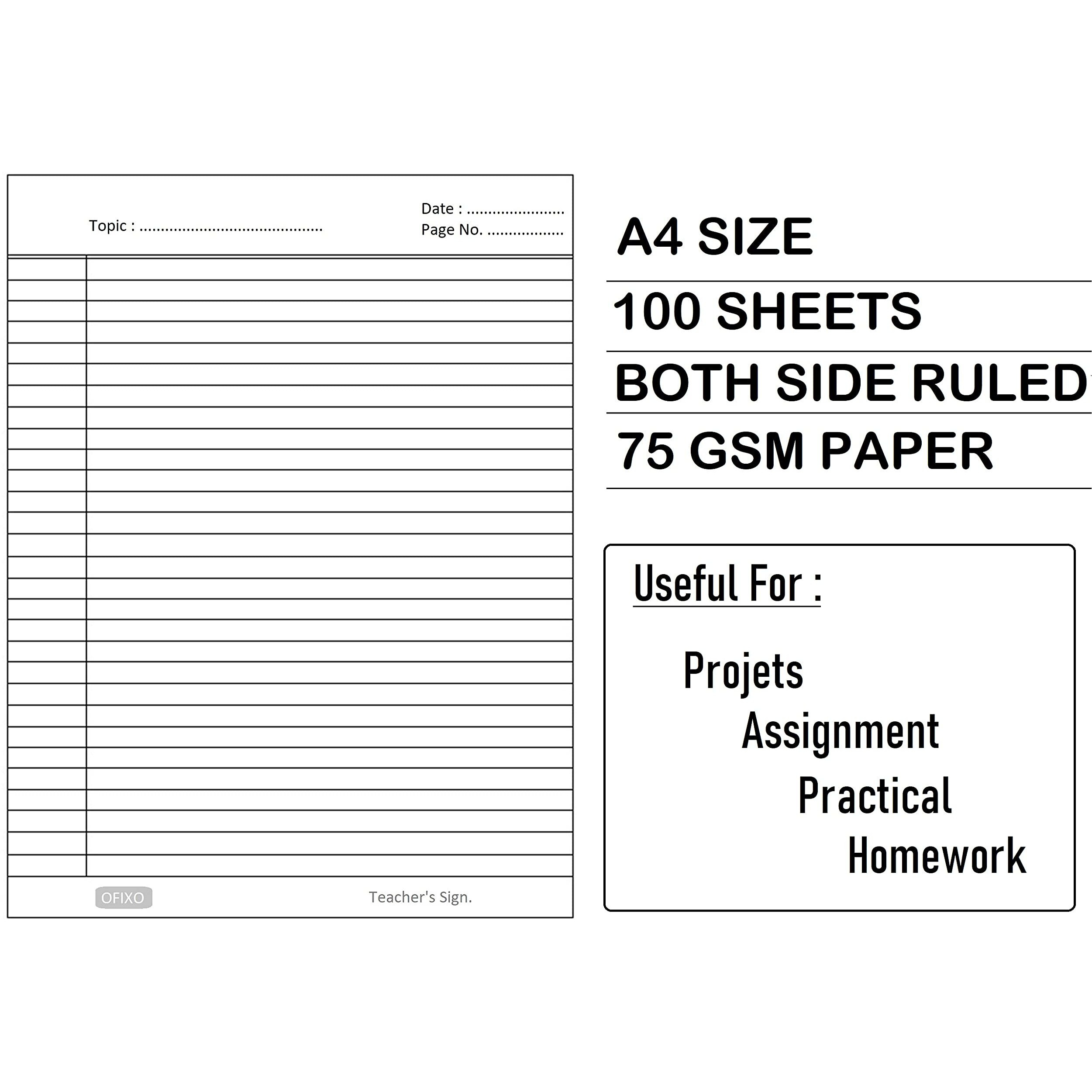 OFIXO A4 Size Both Side Ruled Sheet for Project/Practical/Homework (Pack of 100 sheets) (Model Number OFX_RULD100)