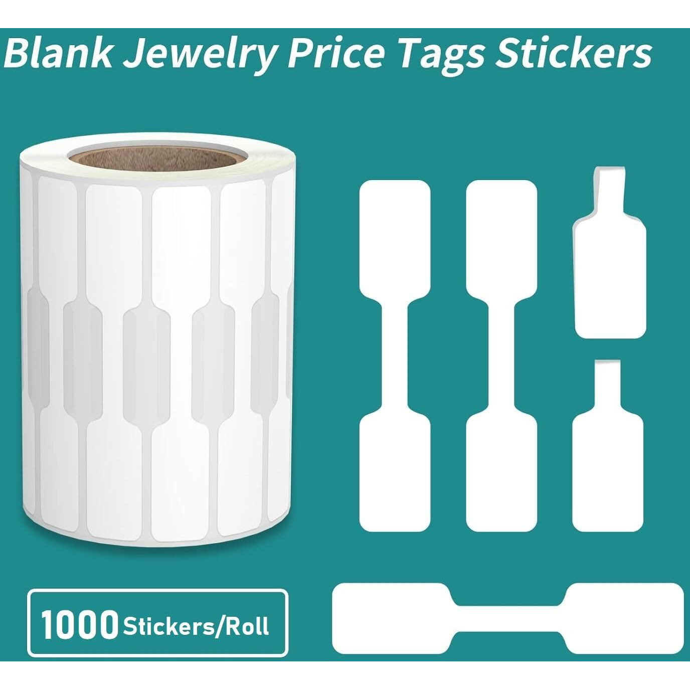 True-Ally 1000 Pcs Jewelry Tags Roll for Necklace Earring Price Identify, Rectangle Shape Self Adhesive White Blank Dumbbell Jewelry Stickers Labels for Bracelet, Ring, Clothing Display