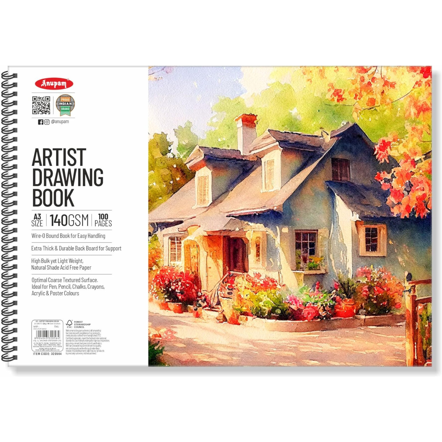 Anupam Artist Drawing Book A3 | 100 Pages 140GSM | Durable Acid Free Drawing Paper | Spiral-Bound Sketchpad for Artists, Kids & Professionals for Marker Colored Pencil Charcoal Pastels