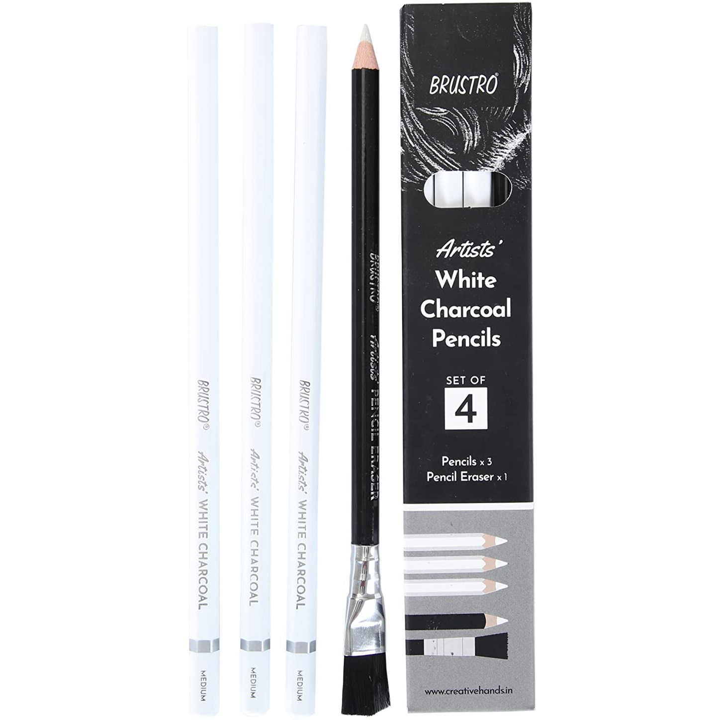 BRUSTRO Artists White Charcoal Pencil Set | 5mm, Set of 3 + 1 Pencil Eraser | Ideal for Students,Adults, School,Office use, Charcoal works, Sketching, Shading, Blending, Drawing, Art, Craft, Non-toxic