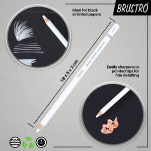 BRUSTRO Artists White Charcoal Pencil Set | 5mm, Set of 3 + 1 Pencil Eraser | Ideal for Students,Adults, School,Office use, Charcoal works, Sketching, Shading, Blending, Drawing, Art, Craft, Non-toxic