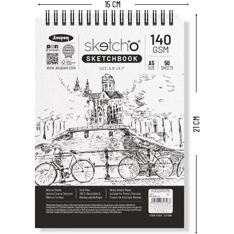 Anupam Sketch-O Sketchbook A5 | 50 Sheet 140GSM | Durable Acid Free Drawing Paper |Top Spiral-Bound Sketchpad for Artists Kids & Professionals for Marker Colored Pencil Charcoal (50 Sheets, Set of 1)