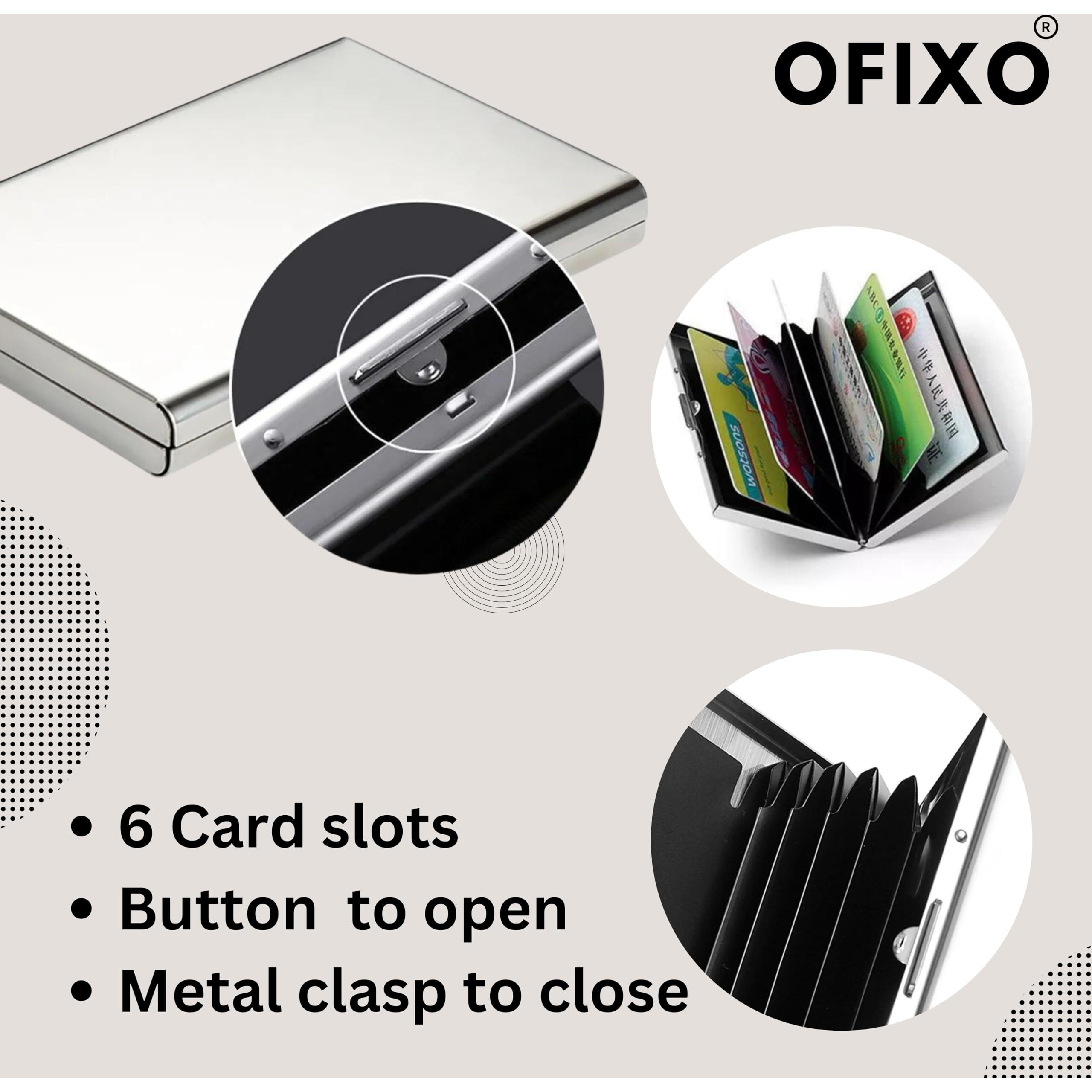 OFIXO 6 Slots Credit Card Holder RFID Protected Stainless Steel Credit Card Wallet Slim Metal Credit Card Case for Men and Women (Matt-Silver)