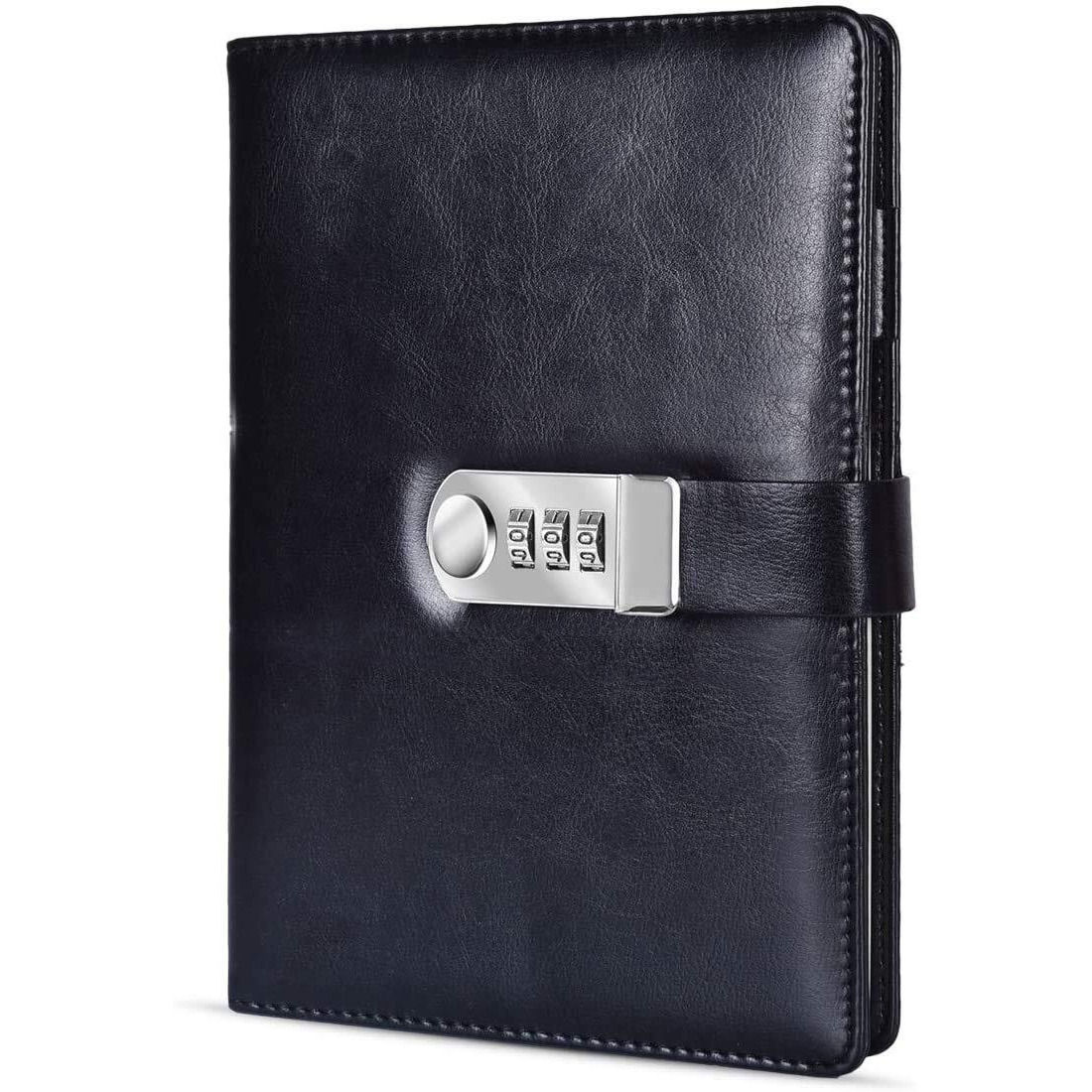 AccuPrints PU Leather Notebook Diary with Lock, Size 6 by 8 inch or A5 with Combination Password Journal- Pages 200 undated (Black)