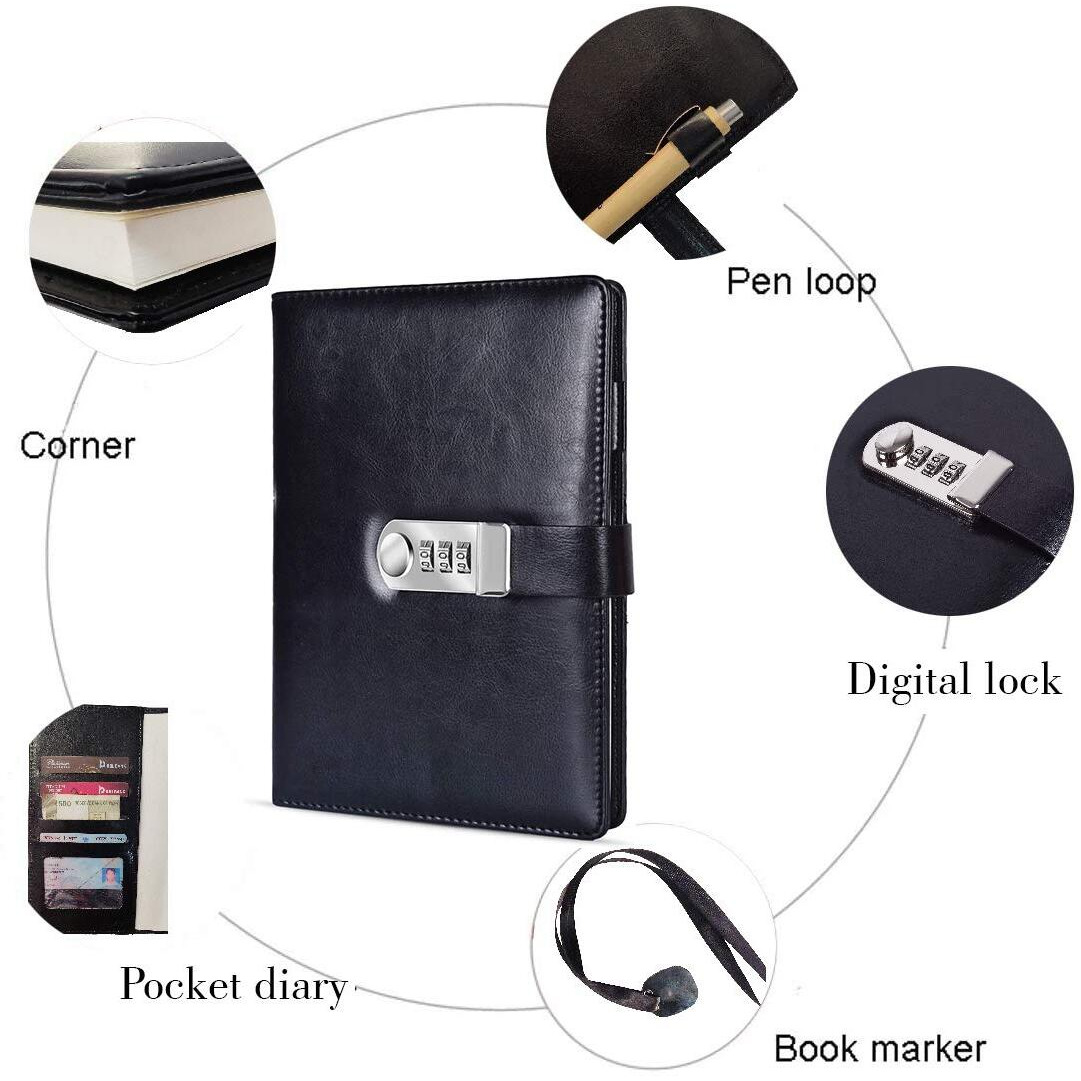 AccuPrints PU Leather Notebook Diary with Lock, Size 6 by 8 inch or A5 with Combination Password Journal- Pages 200 undated (Black)