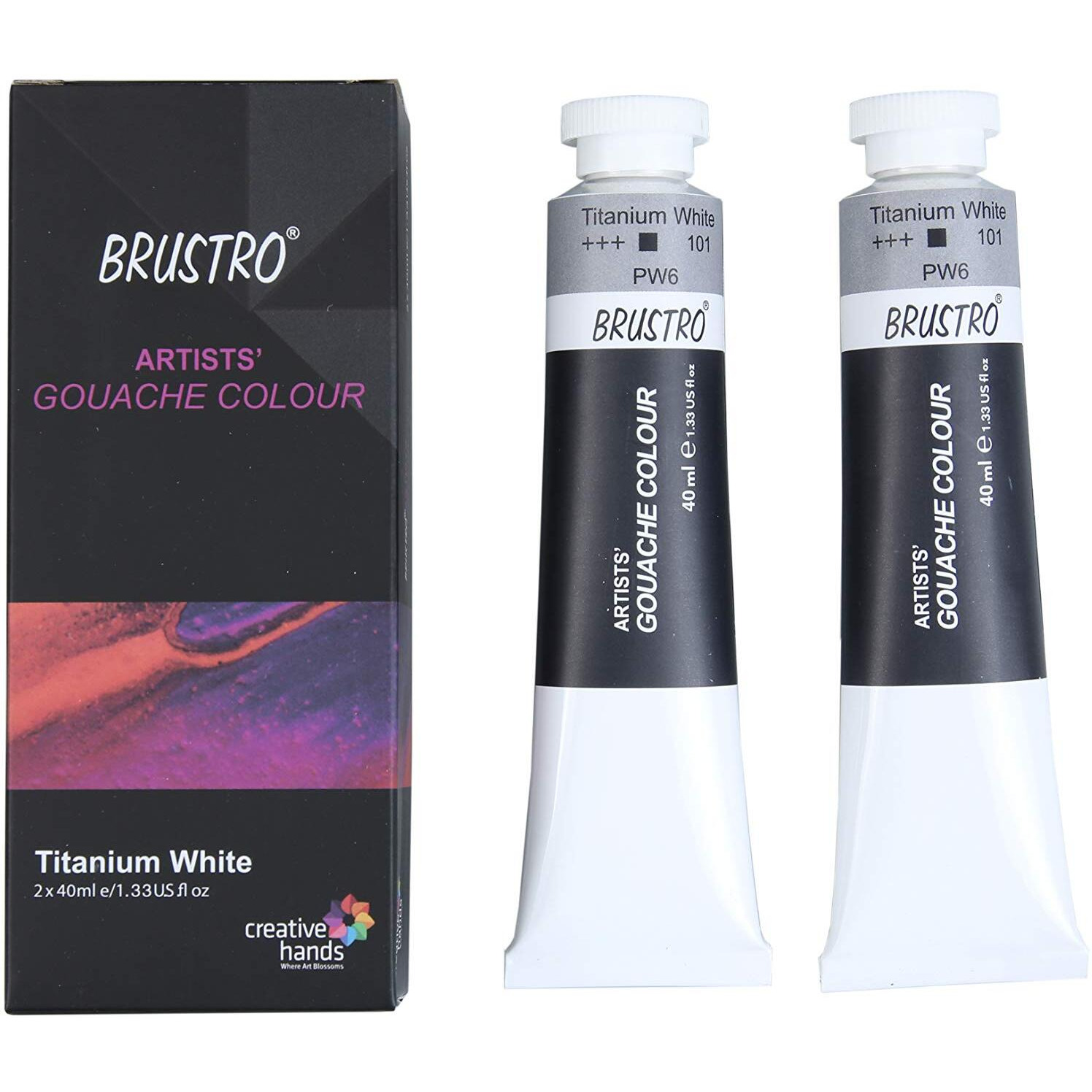 BRUSTRO Artist's Gouche Paint | Titanium White, 40ml - Twin Pack | Opaque Colour, Intermixable, Rich Pigments, Non Toxic Color for Paper, Canvas, Professionals and Students.