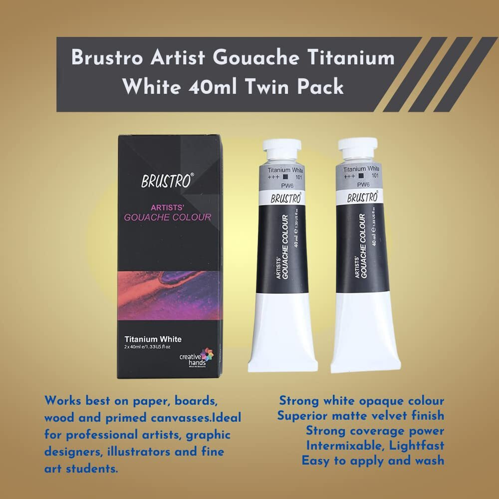 BRUSTRO Artist's Gouche Paint | Titanium White, 40ml - Twin Pack | Opaque Colour, Intermixable, Rich Pigments, Non Toxic Color for Paper, Canvas, Professionals and Students.