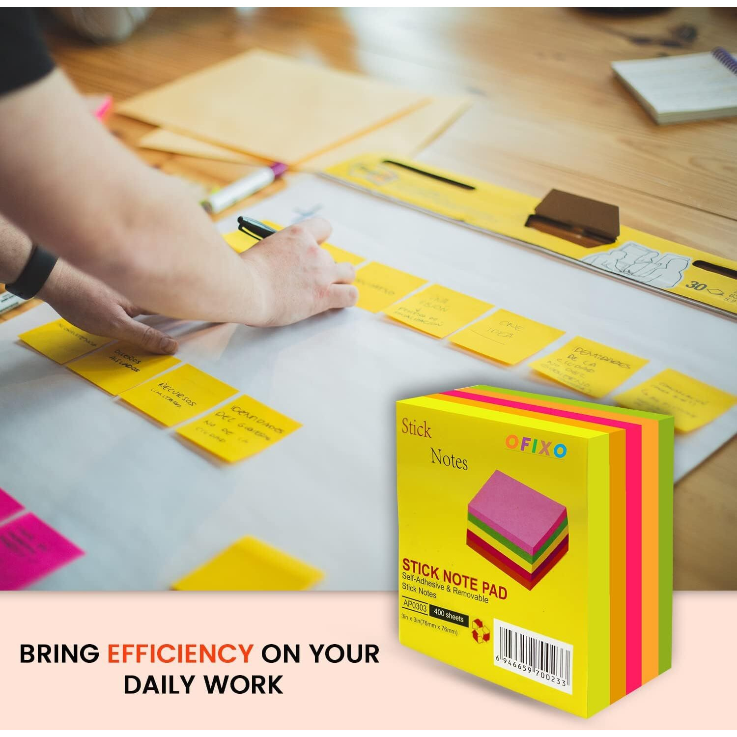 OFIXO 400 Sheets (5 Mix Colors * 80 Sheets Each Color) Fluorescent Paper Self Adhesive Memo Pad Sticky Notes Bookmark Point It Marker Memo Sticker