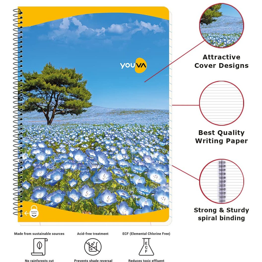 YOUVA Navneet Youva | Spiral Long Book For Students And Executives | Spiral Bound With Safety Lock | A4 Size - 21 X 29.7 Cm | Single Line | 300 Pages | Pack Of 1