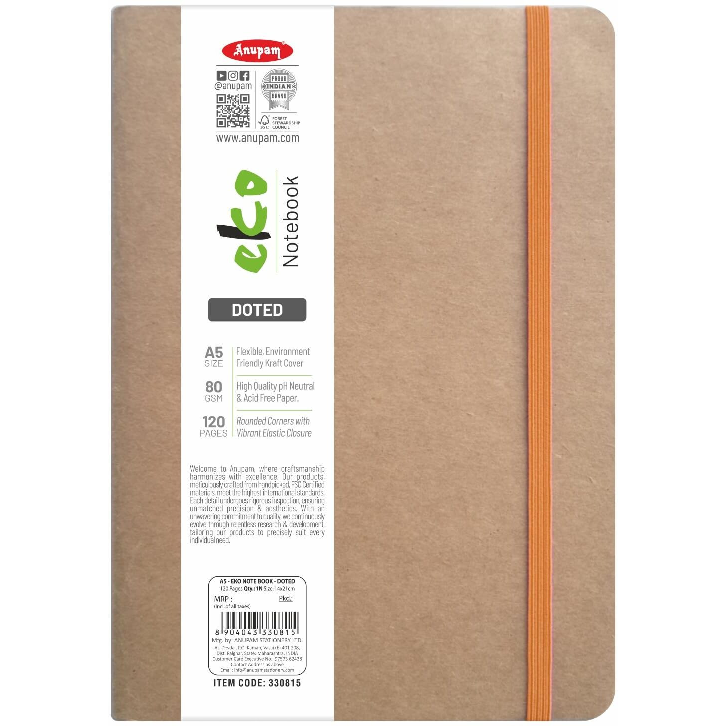 Anupam Eco friendly Eko Writing Journal With Kraft Paper Cover 80 GSM A5 (Dot-Grid)