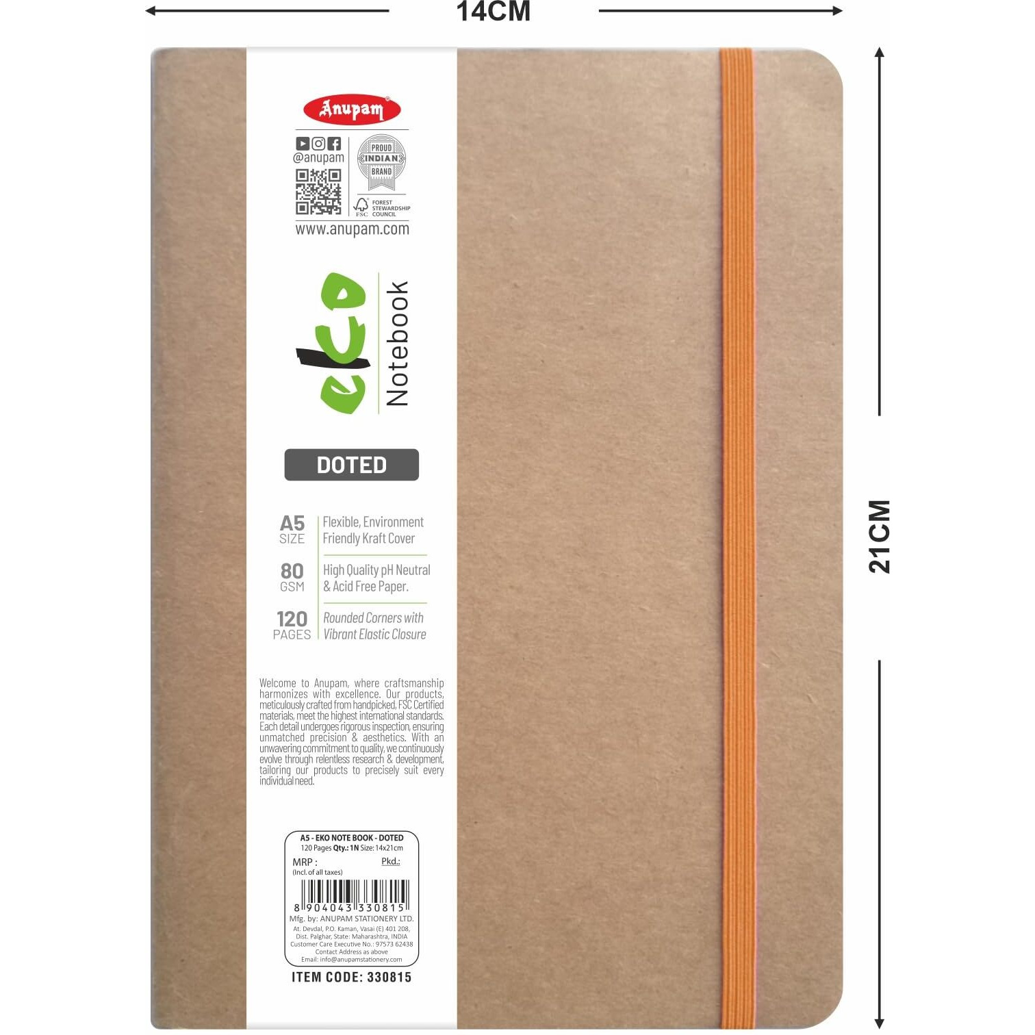 Anupam Eco friendly Eko Writing Journal With Kraft Paper Cover 80 GSM A5 (Dot-Grid)