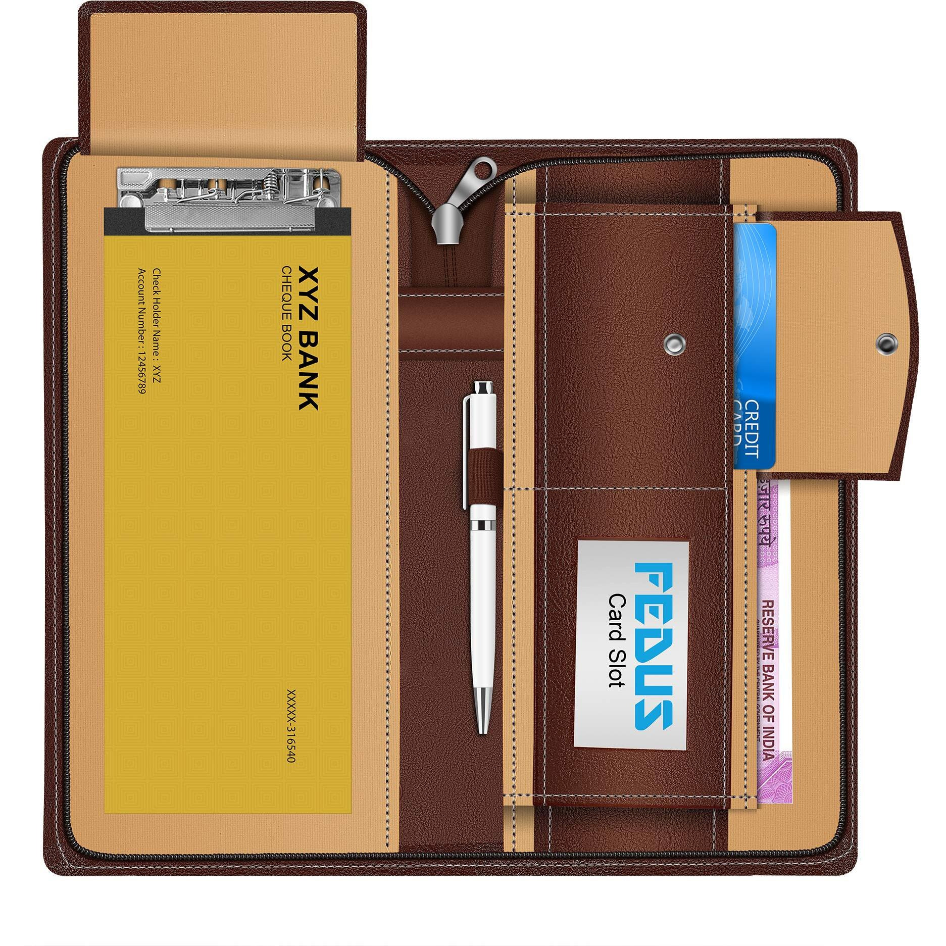 FEDUS Cheque Book Holder, Vegan Leather Expanding Handmade Multiple Cheque Book Holder for Cards, Women/Men Cheque Book Wallet, Traveling Wallets, Checkbook Holder, Documents Holder for Office & Home