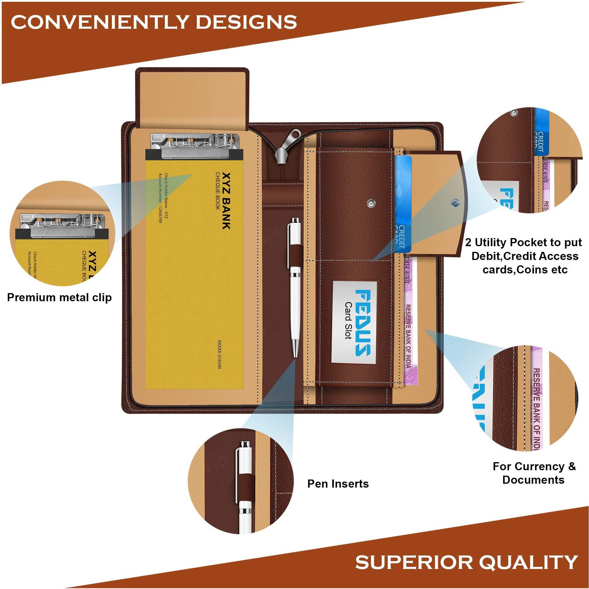 FEDUS Cheque Book Holder, Vegan Leather Expanding Handmade Multiple Cheque Book Holder for Cards, Women/Men Cheque Book Wallet, Traveling Wallets, Checkbook Holder, Documents Holder for Office & Home