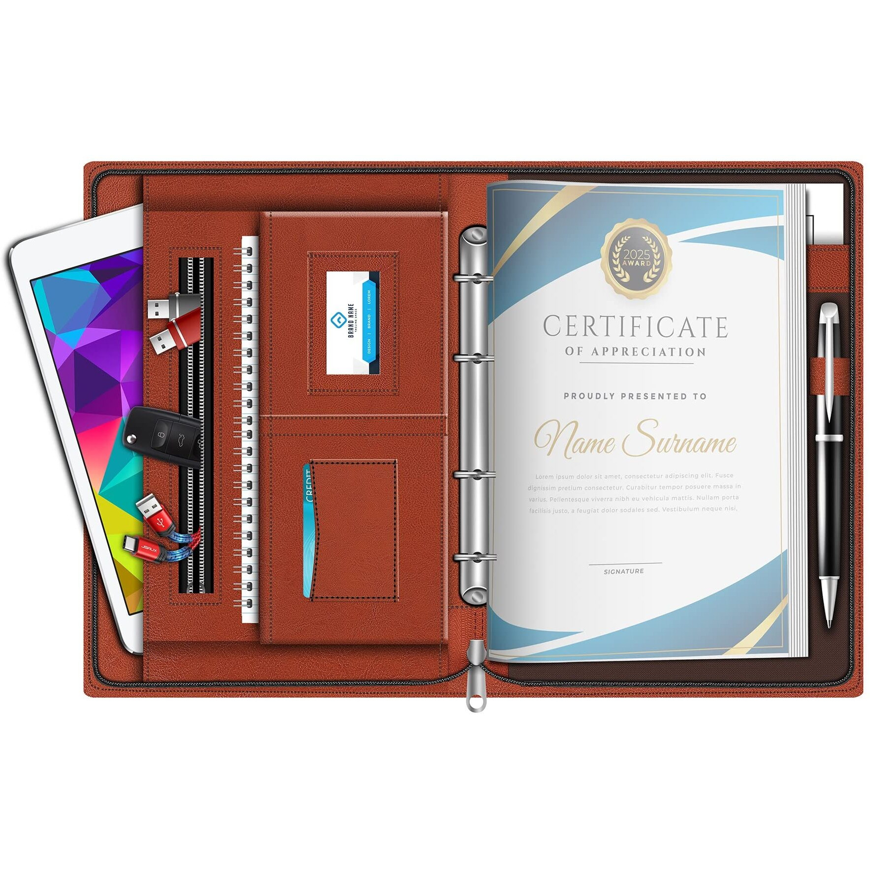 FEDUS Document File Folder Certificate Foolscap Size(Bigger Than A4 Size) 4 Ring File Folder for Document Leatherette Document Holder,Portfolio,Executive File,with 20 Leaf(300 Micron) Brown