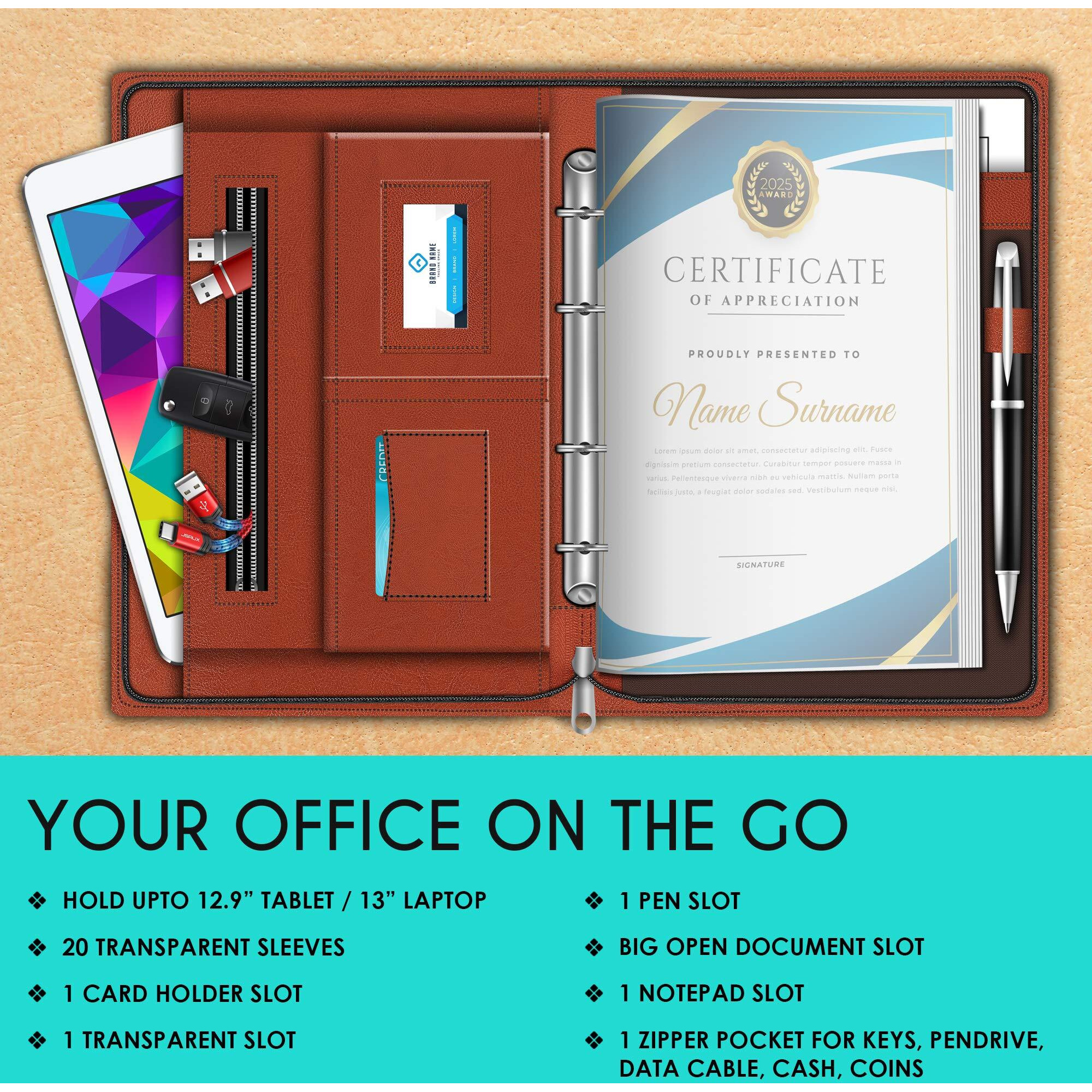 FEDUS Document File Folder Certificate Foolscap Size(Bigger Than A4 Size) 4 Ring File Folder for Document Leatherette Document Holder,Portfolio,Executive File,with 20 Leaf(300 Micron) Brown