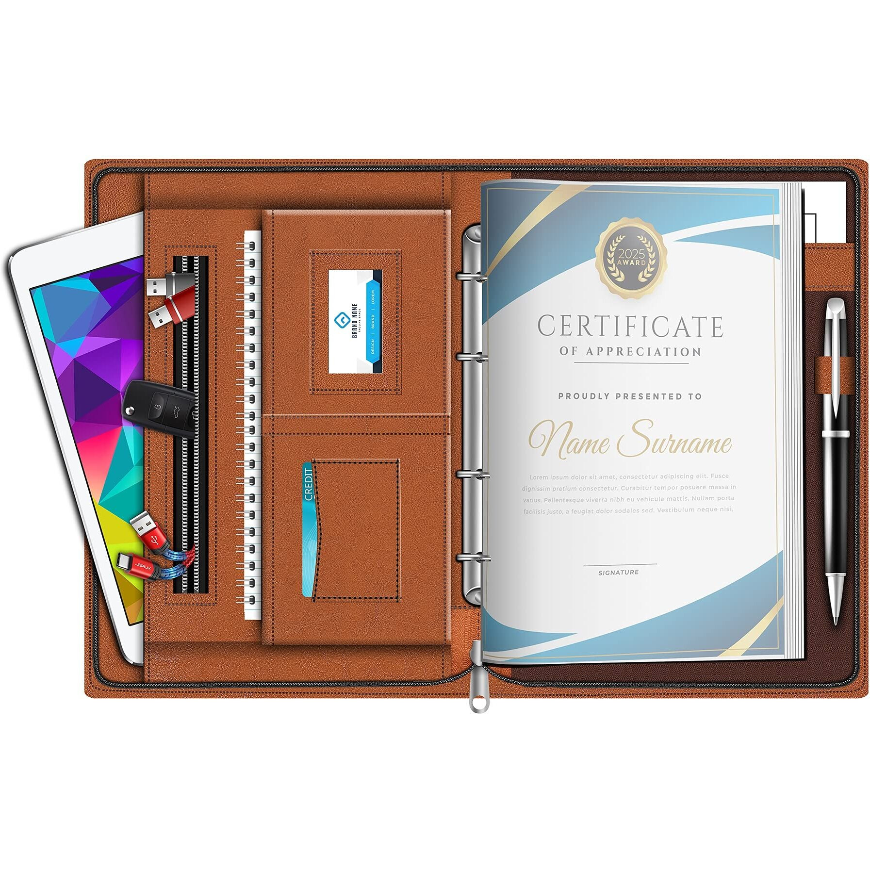 FEDUS Leatherette Material Professional 4 Ring File Folders,Conference Folder, File with 20 Leafs -Tan