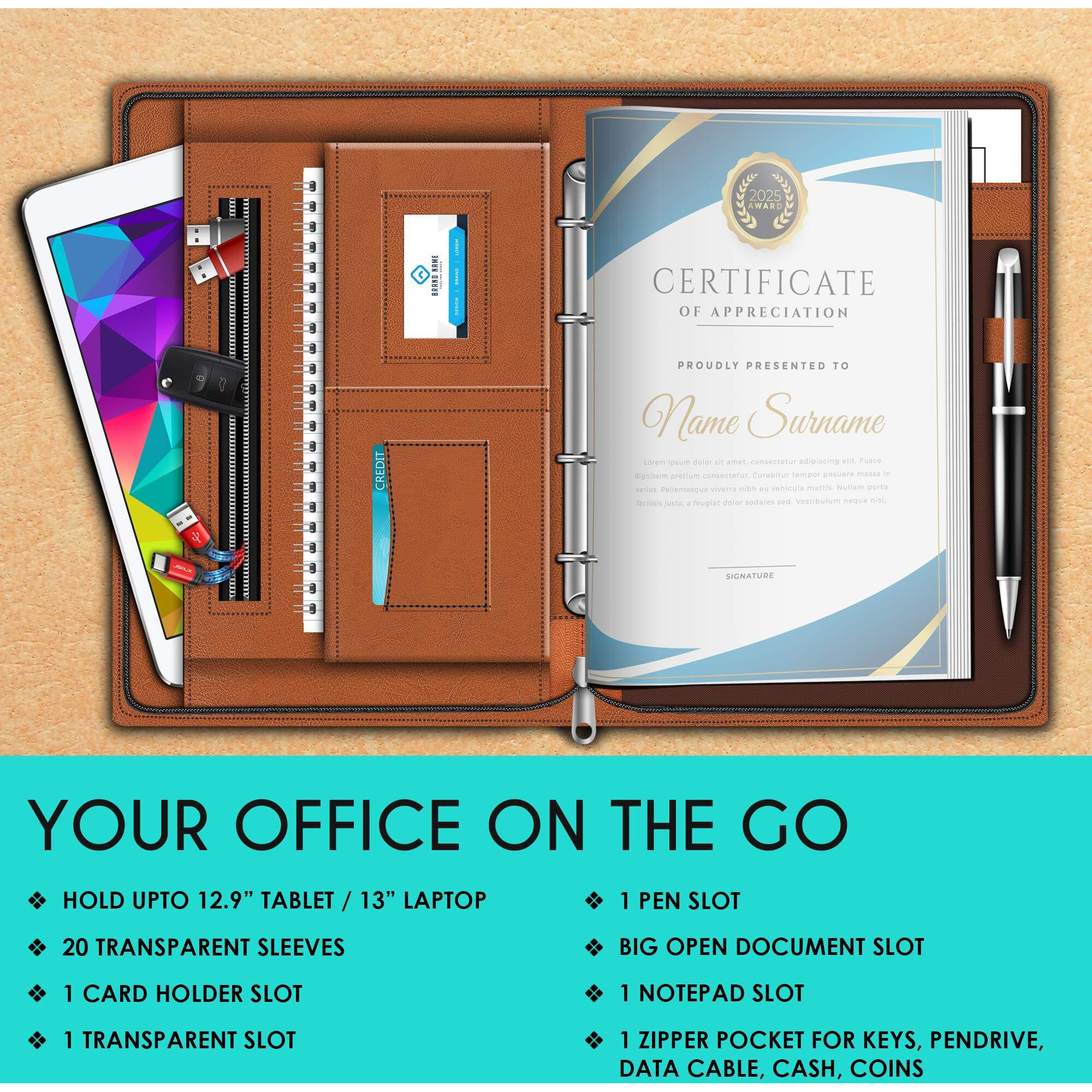 FEDUS Leatherette Material Professional 4 Ring File Folders,Conference Folder, File with 20 Leafs -Tan