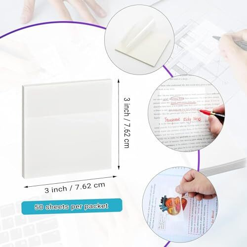 OFIXO Transparent (100 Pcs White Color 3x3 Inch) Self-Adhesive Sticky Notes, OFIXO Clear See Through Post for Planner Office School College Teacher Student Supplies