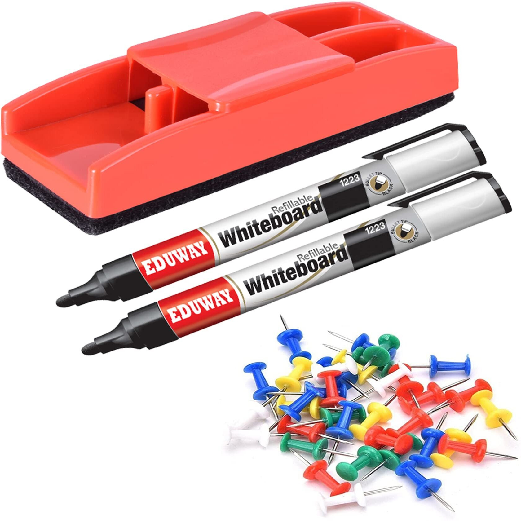 Eduway Combination Board Kit (50 Push Pins, 1 Non-Magnetic Duster, 2 Markers) |Compatible with Combination Non-Magnetic White Board and Pin-up Board| Premium Whiteboard Accessories  (Multicolor)