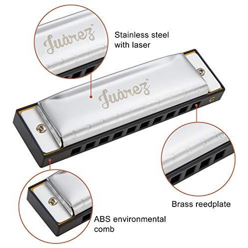 JUAREZ Azre 10 Hole 20 Tone Diatonic Harmonica Key of C Scale | Mouth Organ | Cover - Stainless Steel | Comb - ABS | Reed - Phosphor Bronze with Cloth & Case