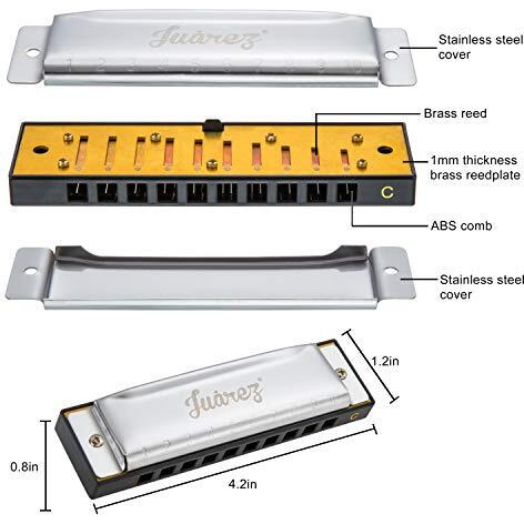 JUAREZ Azre 10 Hole 20 Tone Diatonic Harmonica Key of C Scale | Mouth Organ | Cover - Stainless Steel | Comb - ABS | Reed - Phosphor Bronze with Cloth & Case