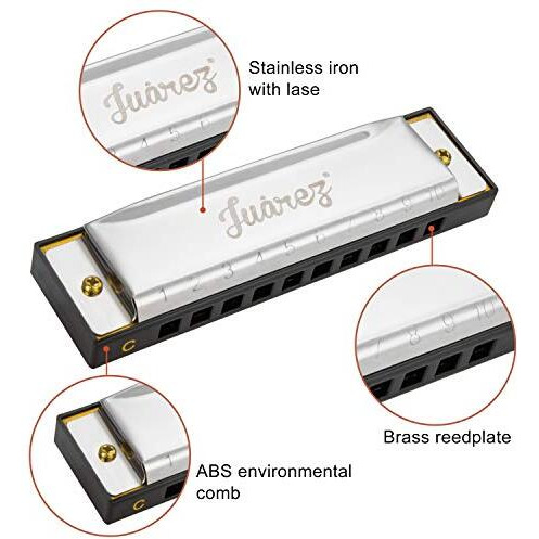 JUAREZ Vinto 10 Hole 20 Tone Diatonic Harmonica Key of C Scale | Mouth Organ | Cover - Stainless IRON | Comb - ABS | Reed - BRASS with Cloth & Case
