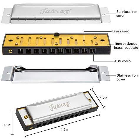 JUAREZ Vinto 10 Hole 20 Tone Diatonic Harmonica Key of C Scale | Mouth Organ | Cover - Stainless IRON | Comb - ABS | Reed - BRASS with Cloth & Case