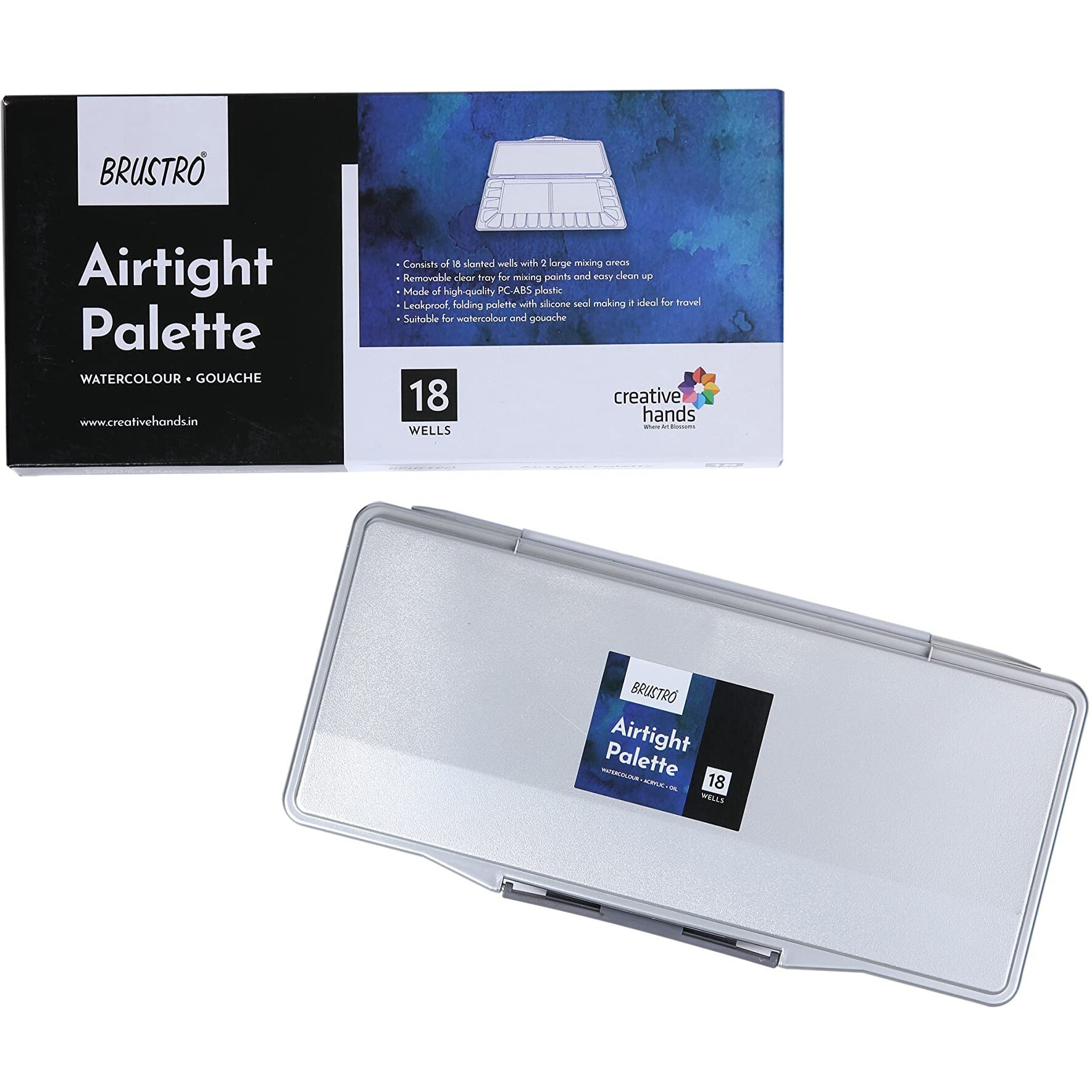 BRUSTRO Artists AIRTIGHT Palette 18 Wells for Watercolour and Gouache with a Removable Clear Tray