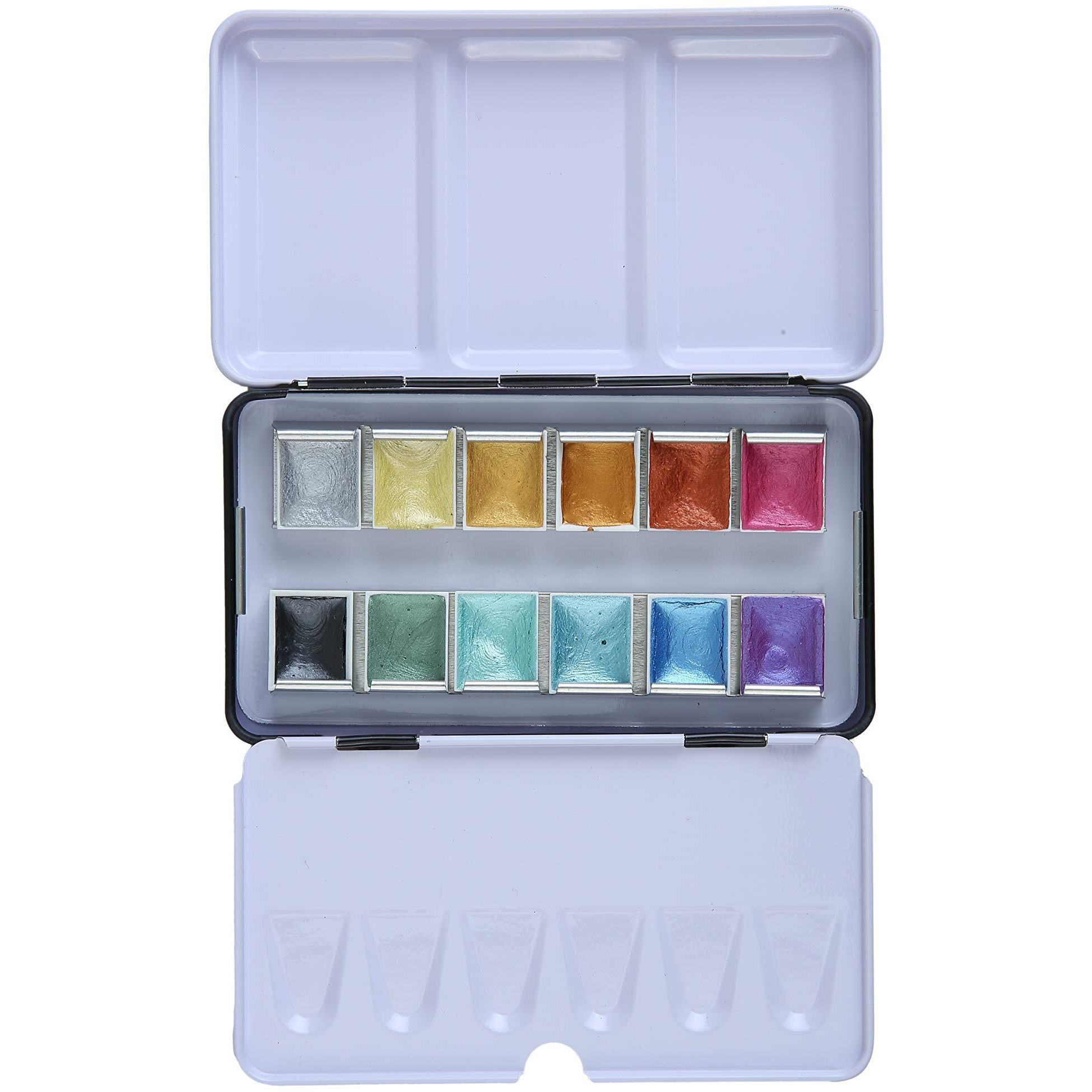 BRUSTRO Watercolour 12 Colour Metallic Paint Set, Half Pans Ideal for Kids and Adults, Colouring, Painting, Highlights, Calligraphy, Card Making, All Techniques |Sets of 12 | (Tin Box)