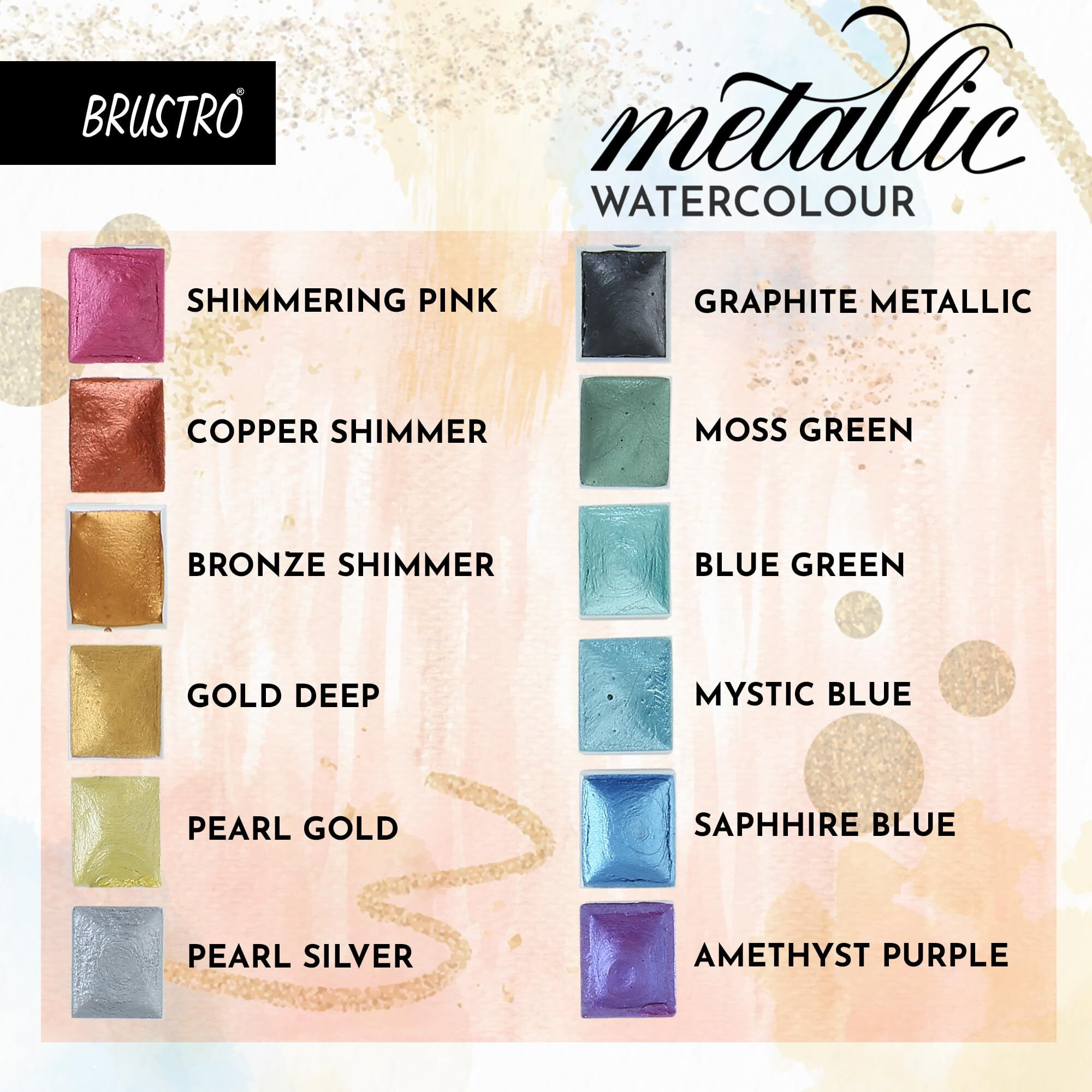 BRUSTRO Watercolour 12 Colour Metallic Paint Set, Half Pans Ideal for Kids and Adults, Colouring, Painting, Highlights, Calligraphy, Card Making, All Techniques |Sets of 12 | (Tin Box)