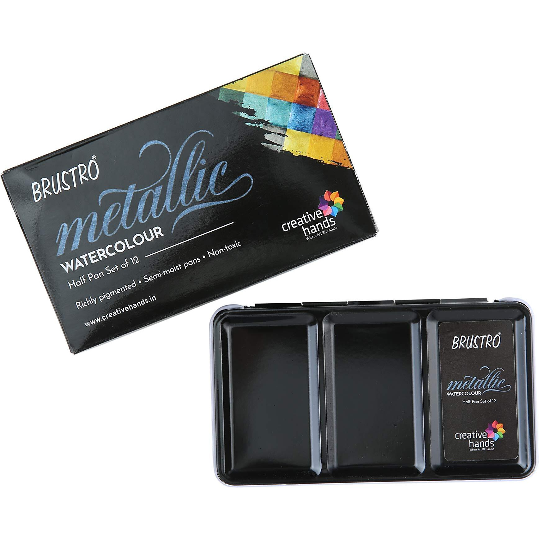 BRUSTRO Watercolour 12 Colour Metallic Paint Set, Half Pans Ideal for Kids and Adults, Colouring, Painting, Highlights, Calligraphy, Card Making, All Techniques |Sets of 12 | (Tin Box)
