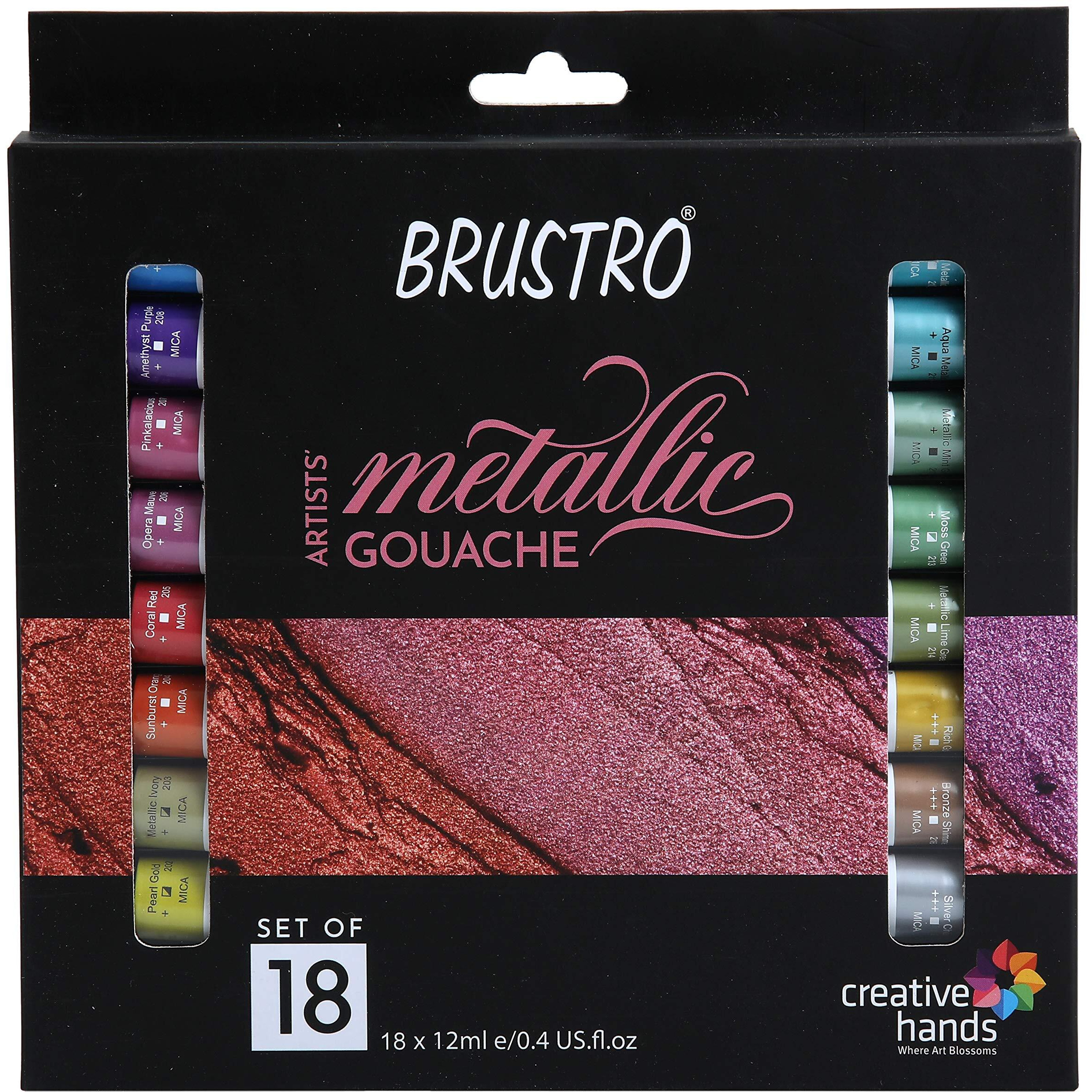 BRUSTRO Artists Metallic Gouache Paint | Set of 18 Shades x 12ml | Vivid Colors, Matte finish, Rich Pigments, Intermixable, Ideal for Posters, Illustrations, Comics, Wall Decor, Mixed Media.
