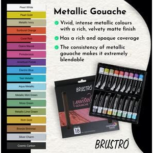 BRUSTRO Artists Metallic Gouache Paint | Set of 18 Shades x 12ml | Vivid Colors, Matte finish, Rich Pigments, Intermixable, Ideal for Posters, Illustrations, Comics, Wall Decor, Mixed Media.