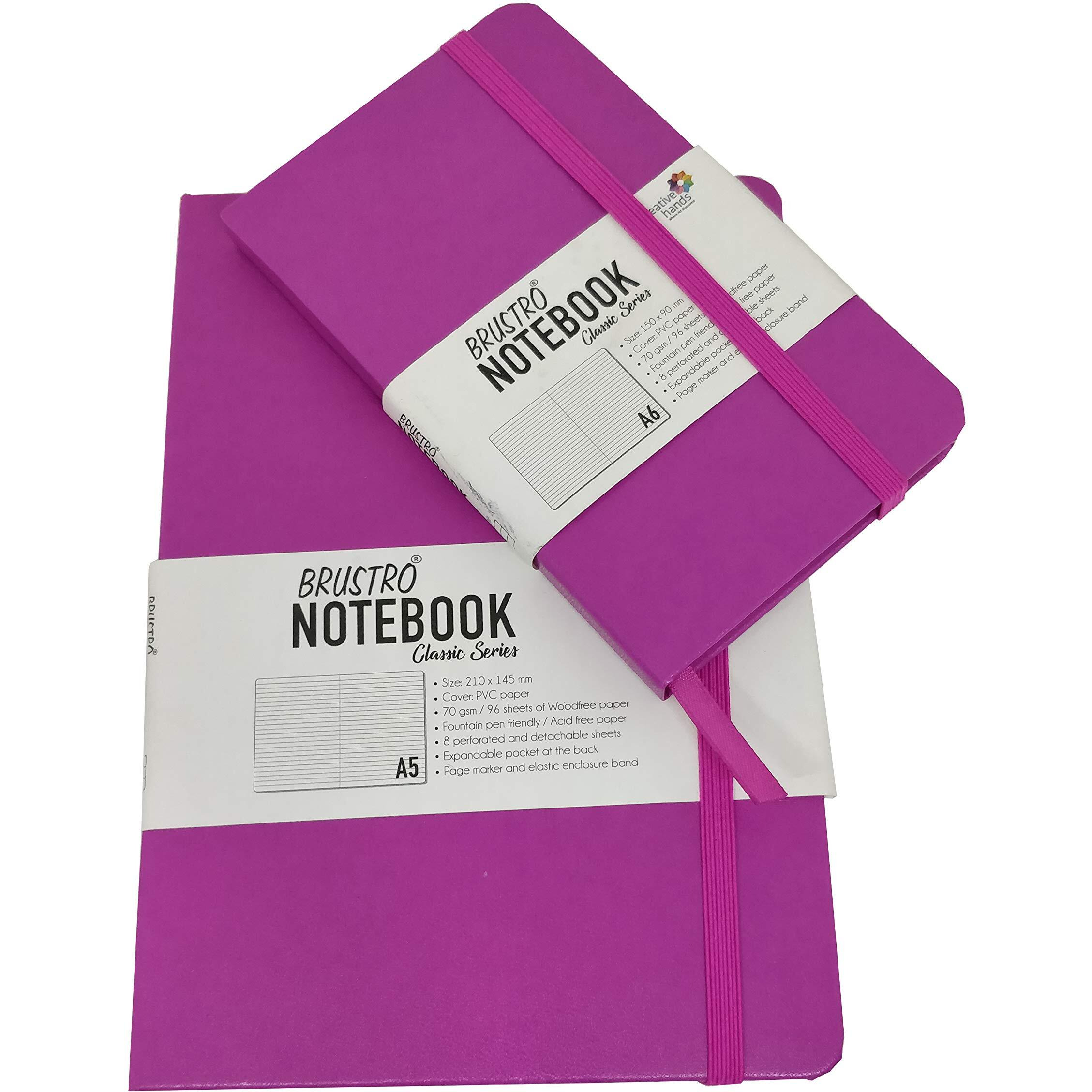 BRUSTRO Classic Series Twin Pack A5 and A6, 70gsm paper, 96 sheets, Rose lightweight Notebooks with sturdy hardcover, elastic closure strap, handy pocket, Versatile use for school, office and home