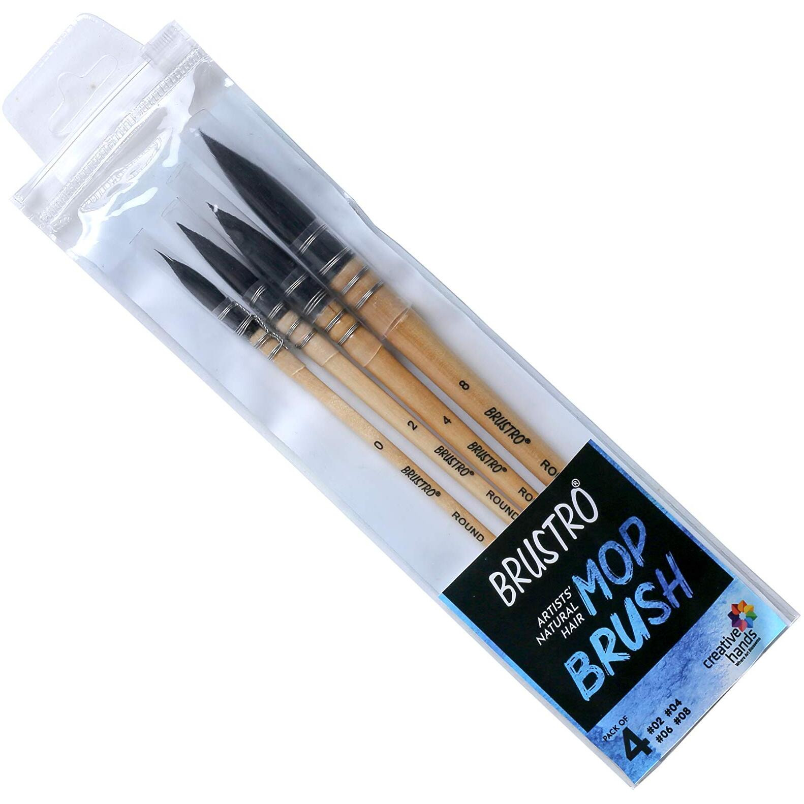 BRUSTRO Artist's Natural Hair MOP Brush | Set of 4 - (0, 2, 4, 8) | Ideal for Watercolor, Blend, Round Paint Brush, Art Painting, Colour, Gouache, Wooden Handle, Professional and Students