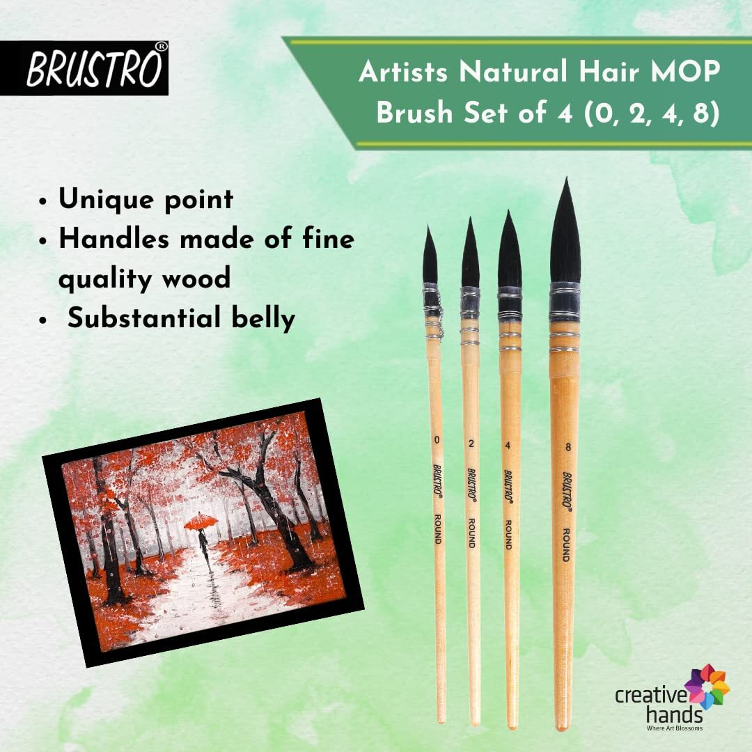 BRUSTRO Artist's Natural Hair MOP Brush | Set of 4 - (0, 2, 4, 8) | Ideal for Watercolor, Blend, Round Paint Brush, Art Painting, Colour, Gouache, Wooden Handle, Professional and Students